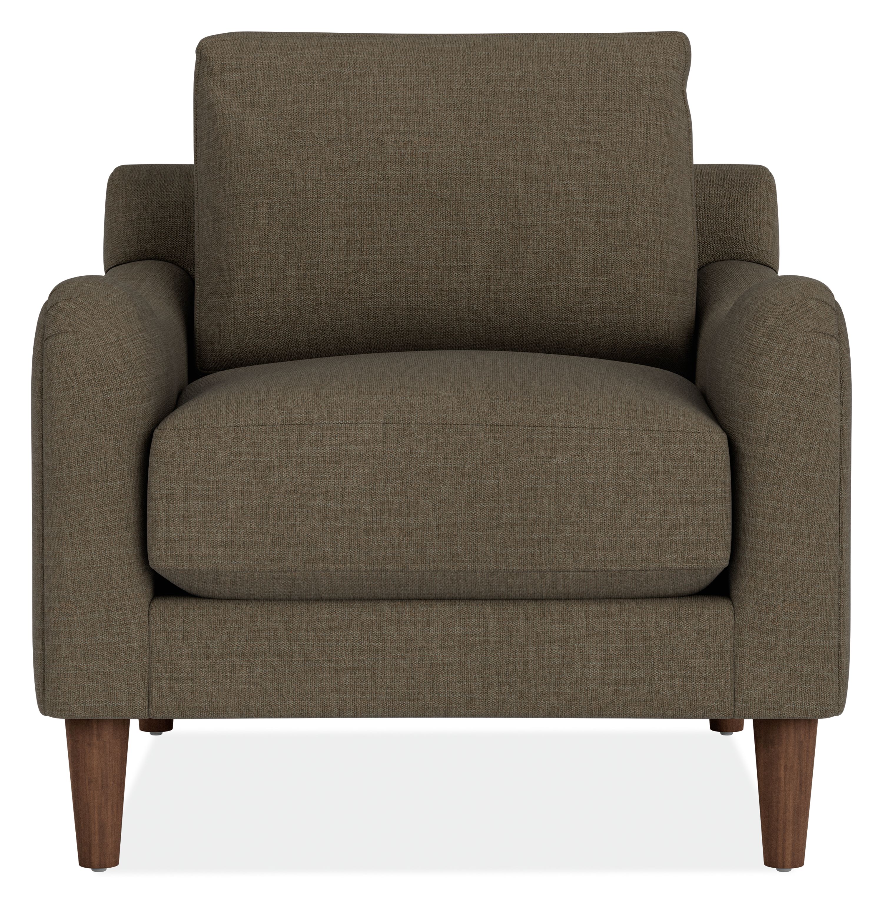 Front view of Eloise Chair in Mori Olive Fabric with Mocha-stained  taper legs.
