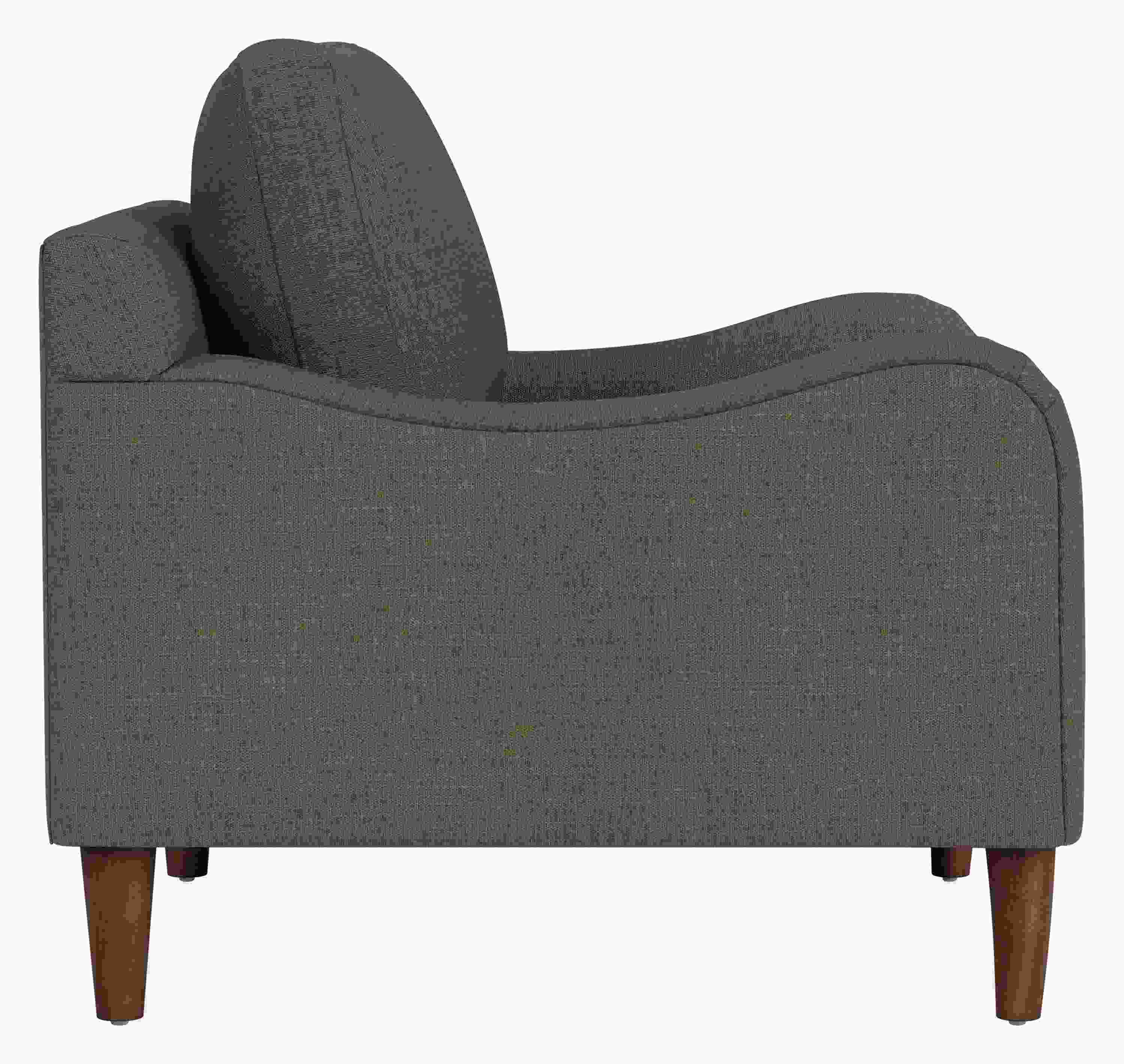 Side view of Eloise Chair in Mori Olive Fabric with Mocha-stained  taper legs.