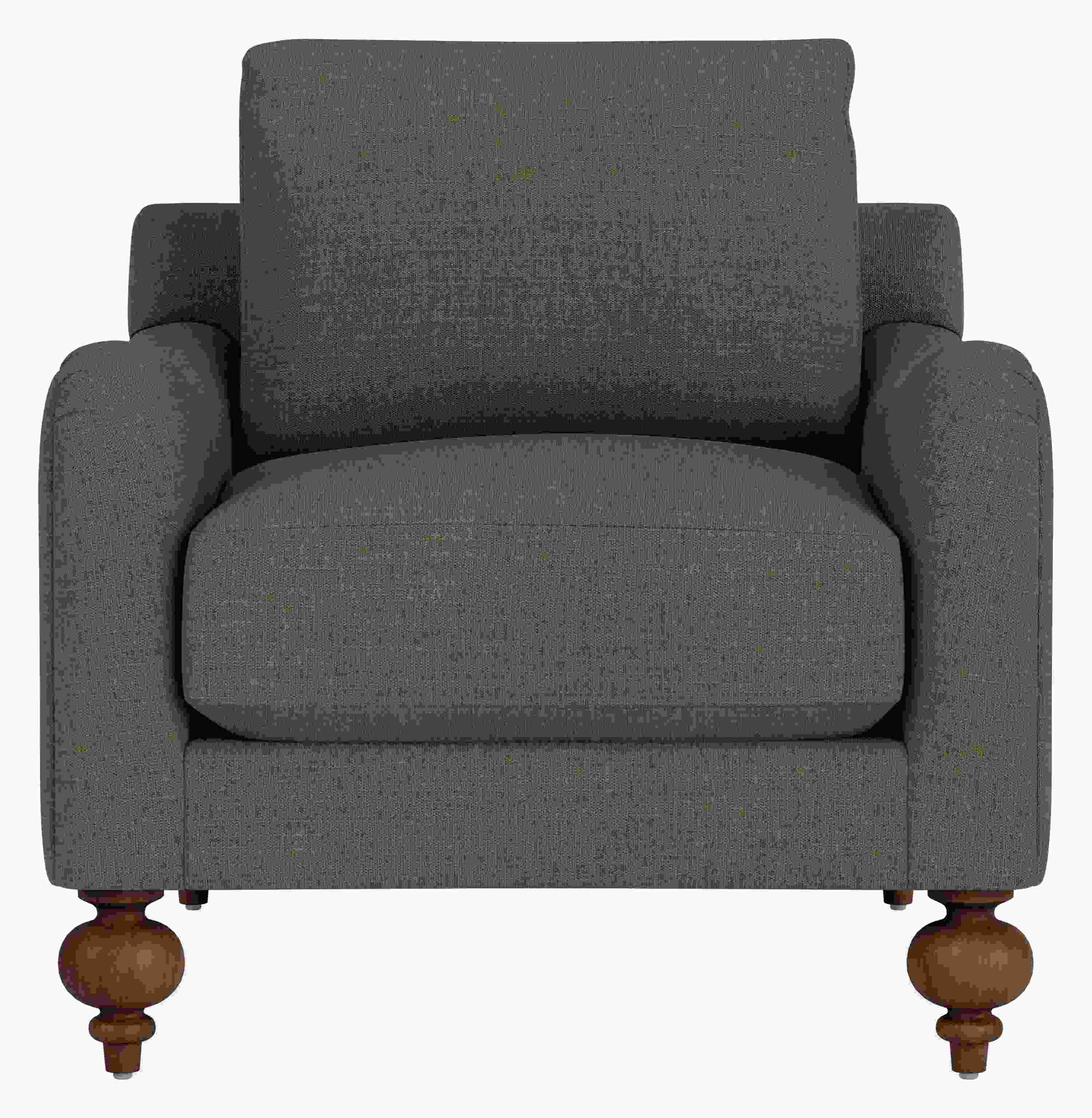 Front view of Eloise Chair in Mori Olive Fabric with Mocha-stained  turned legs.