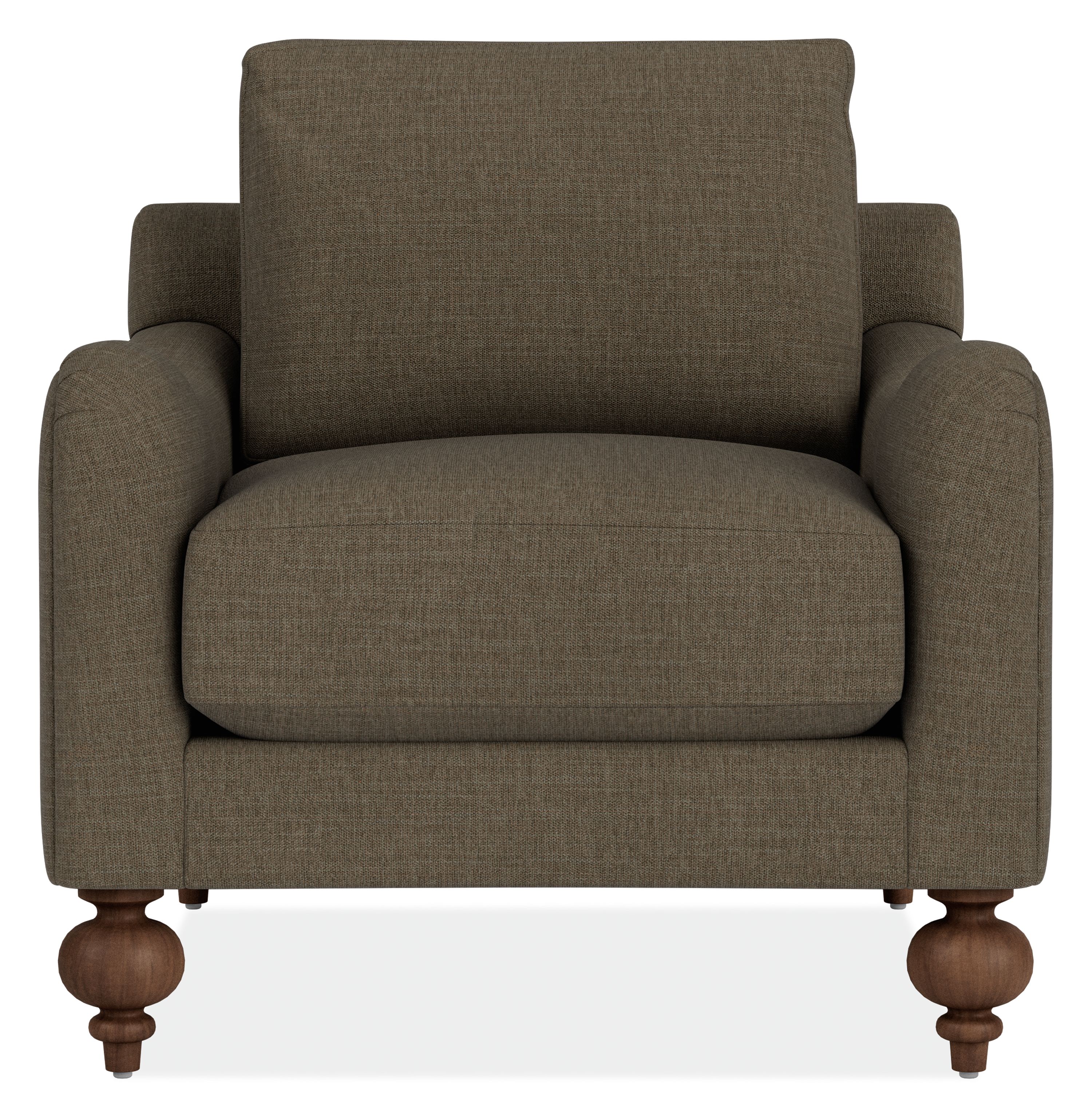 Front view of Eloise Chair in Mori Olive Fabric with Mocha-stained  turned legs.