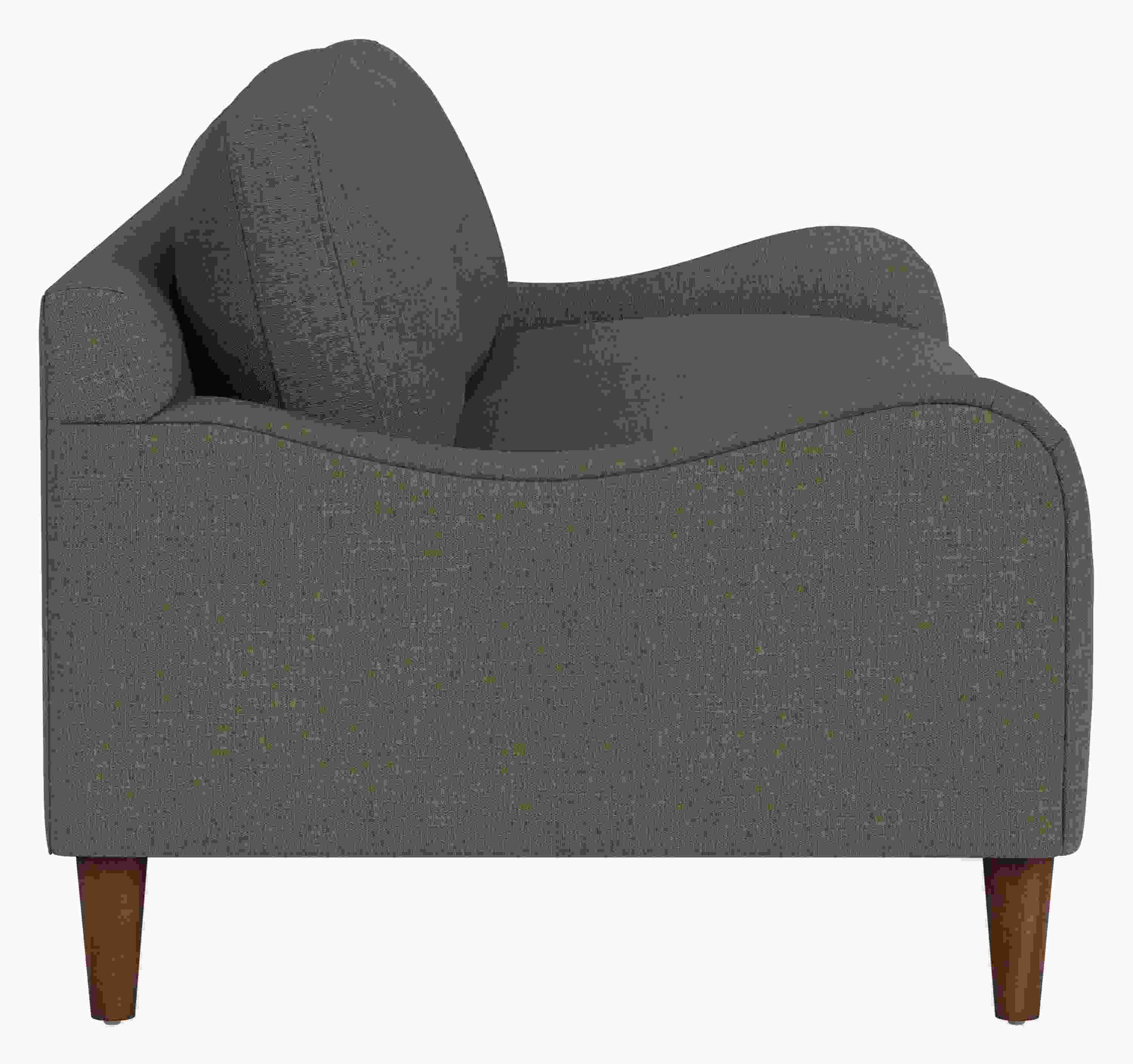Side view of Eloise 87 Sofa in Mori Olive Fabric with Mocha-stained  taper legs.