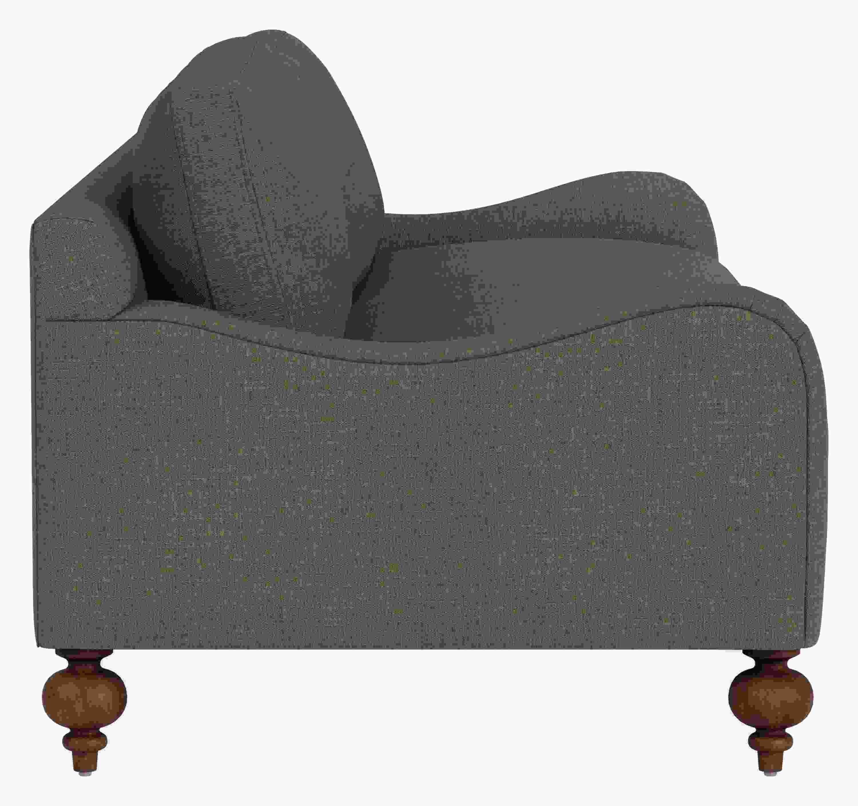 Side view of Eloise 87 Sofa in Mori Olive Fabric with Mocha-stained with turned leg.