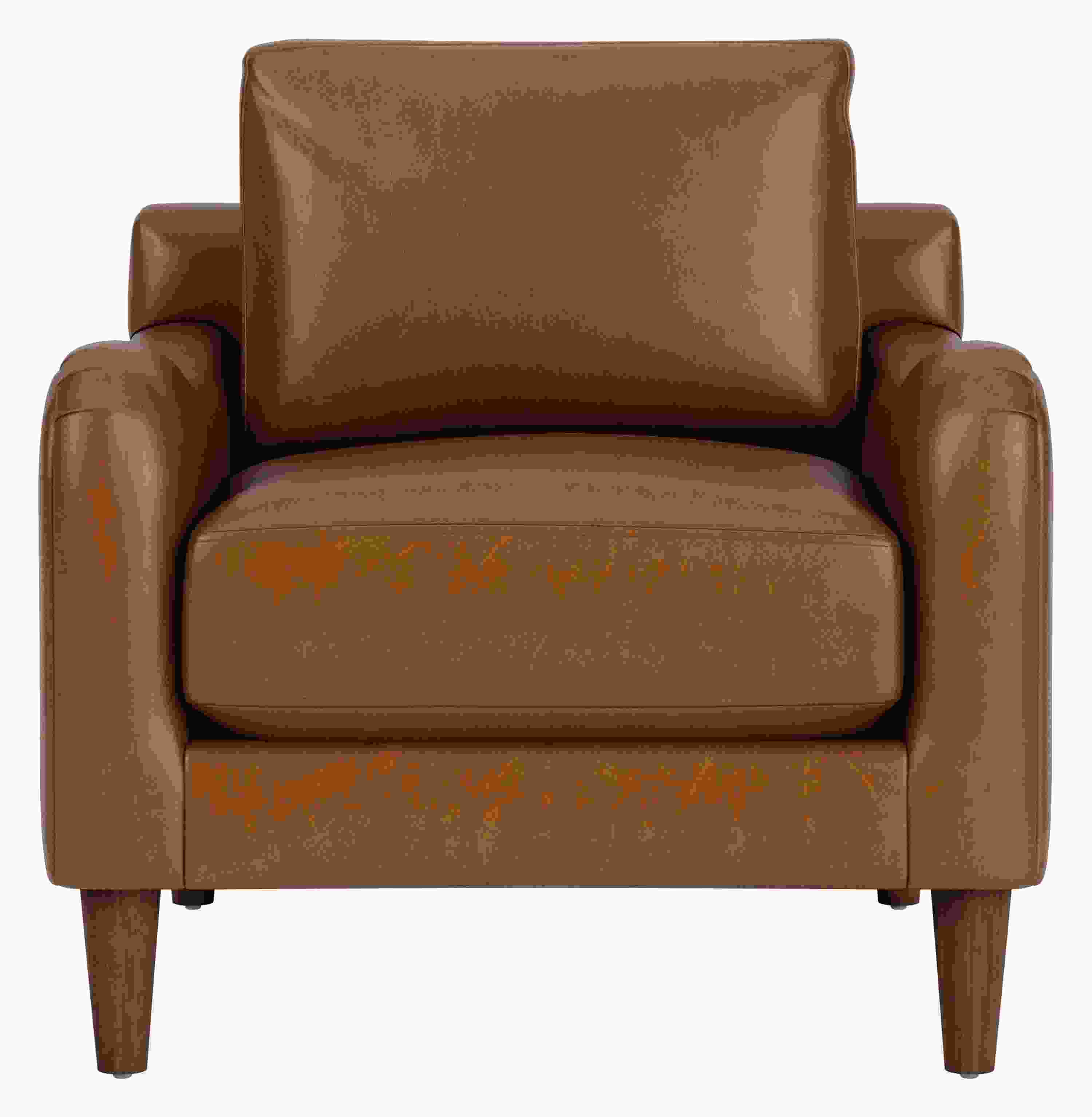 Front view of Eloise Chair in Vento Cognac Leather with Mocha-stained  taper legs.