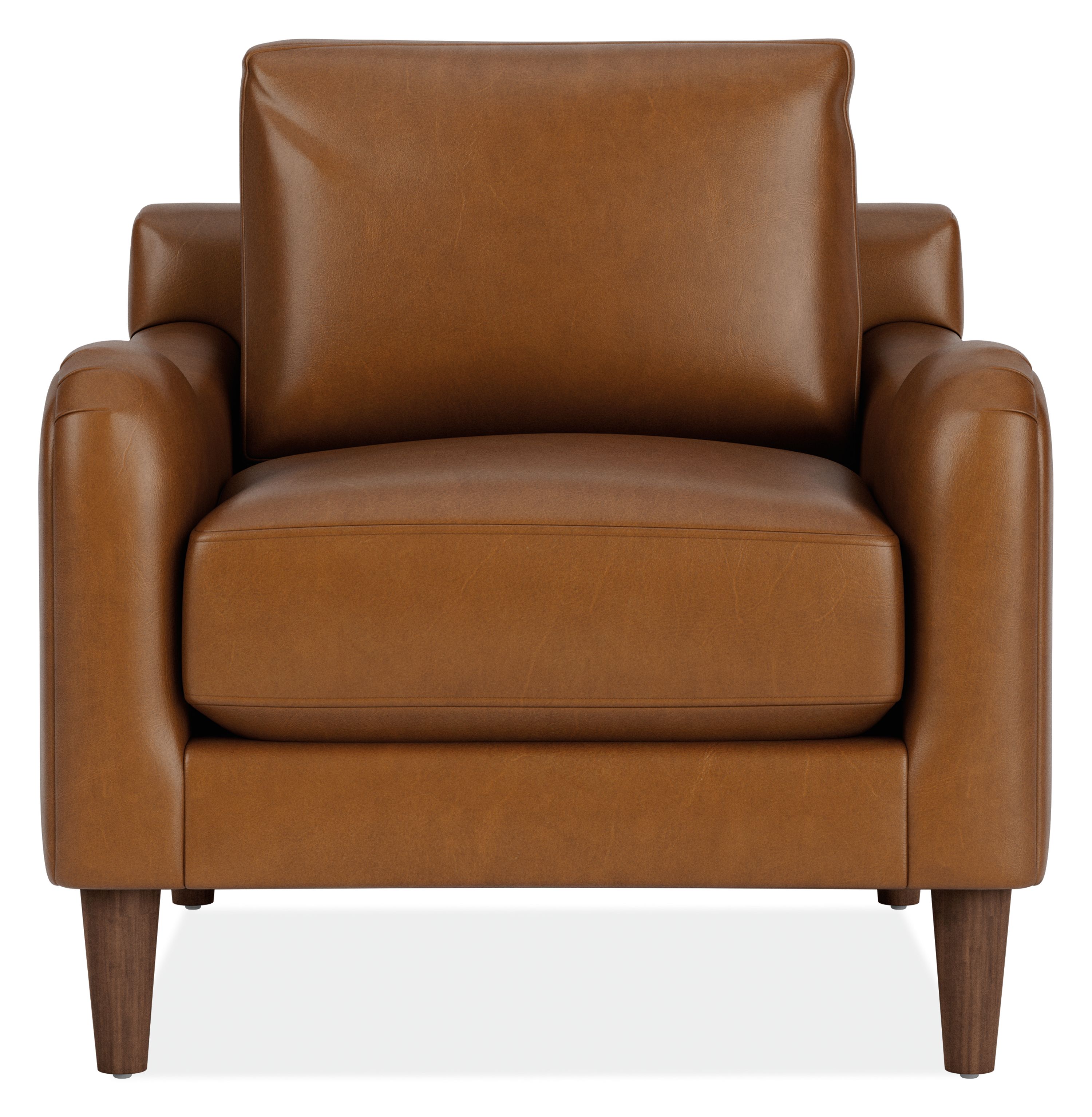 Front view of Eloise Chair in Vento Cognac Leather with Mocha-stained  taper legs.