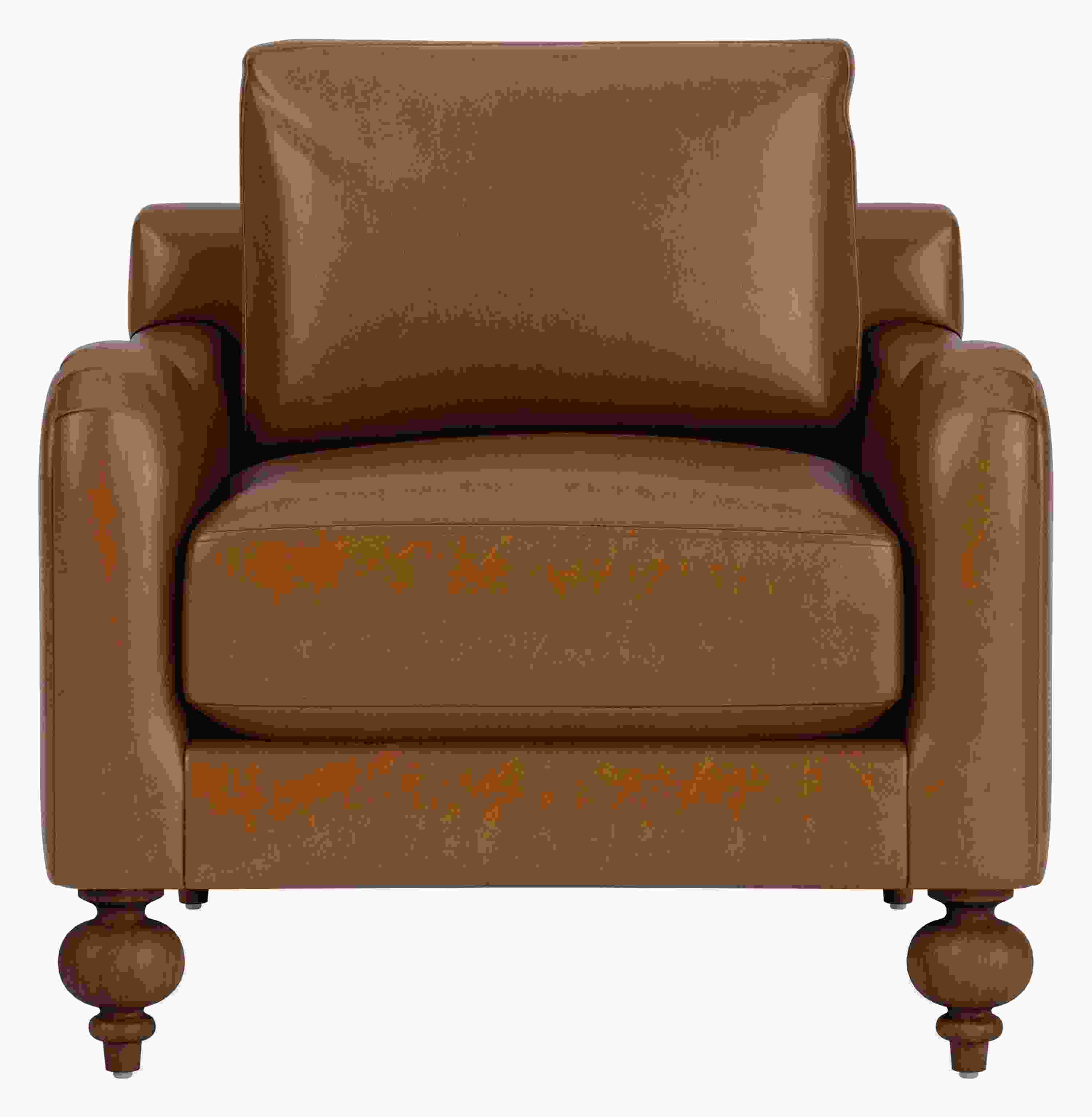 Front view of Eloise Chair in Vento Cognac Leather with Mocha-stained  turned legs.
