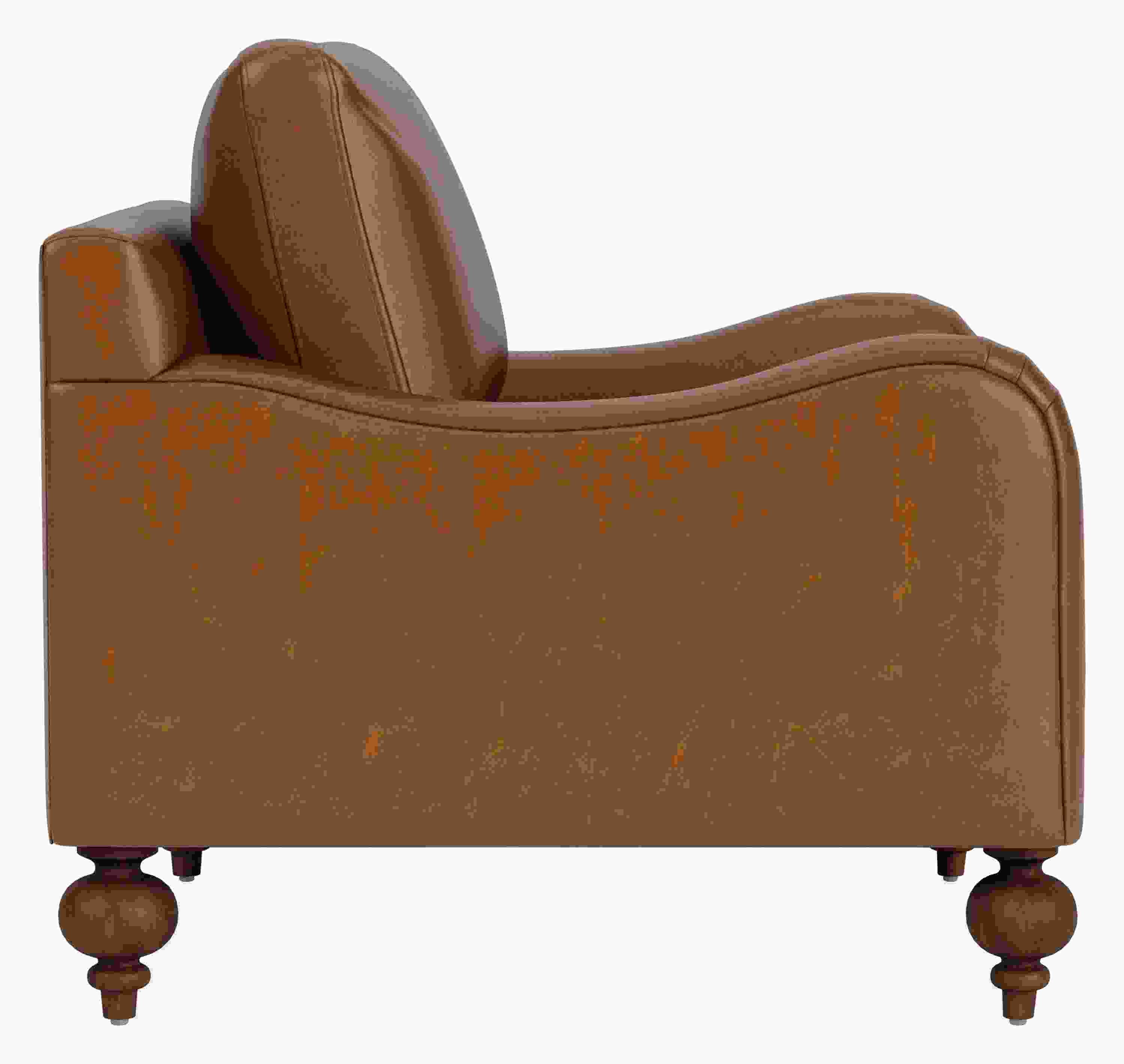 Side view of Eloise Chair in Vento Cognac Leather with Mocha-stained  turned legs.