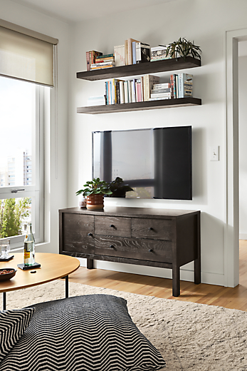 Room setting featuring the Emerson 48-wide media cabinet in charcoal.