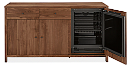 front view of emerson 72-wide Fridge Cabinet in walnut with fridge door open.