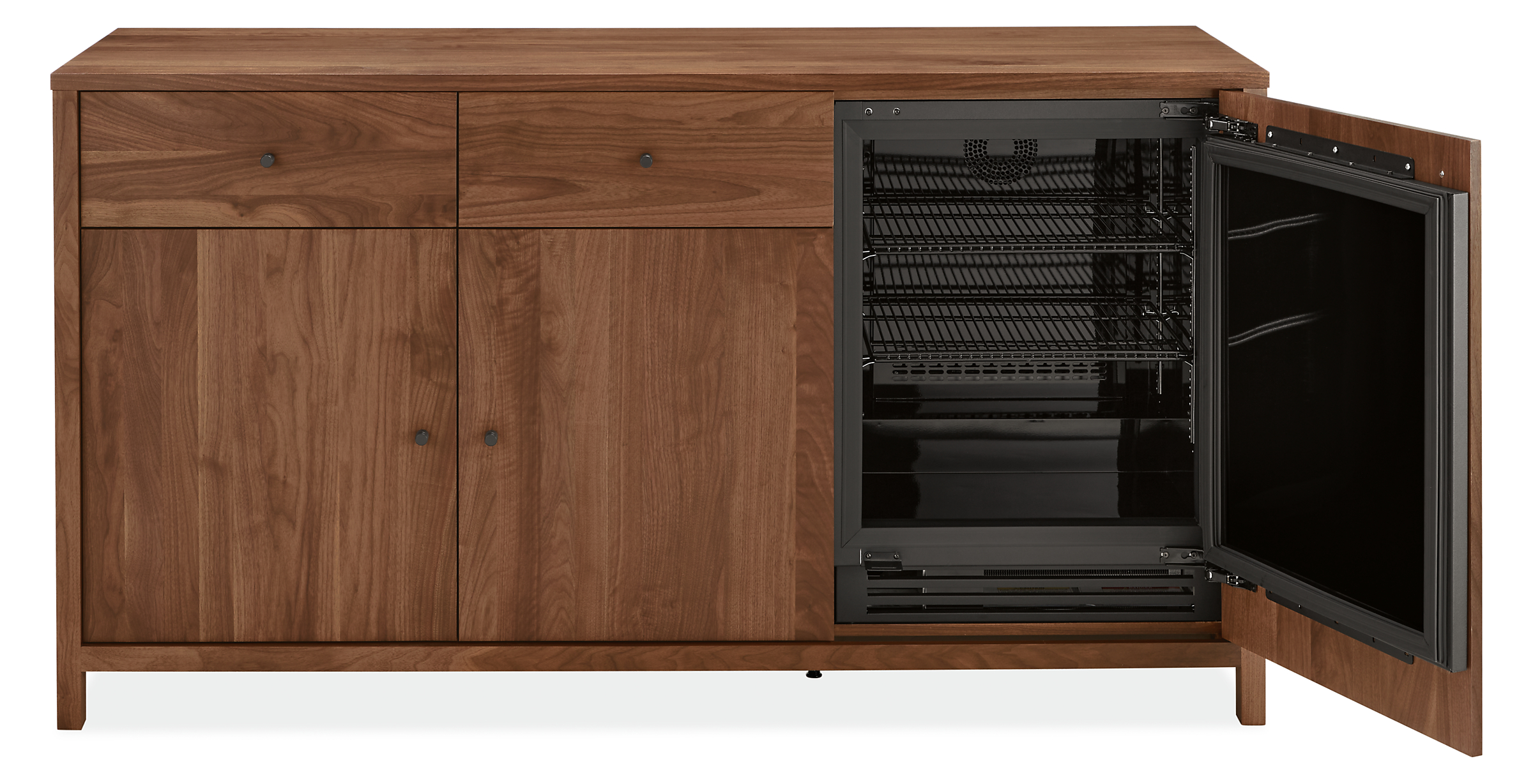 front view of emerson 72-wide Fridge Cabinet in walnut with fridge door open.