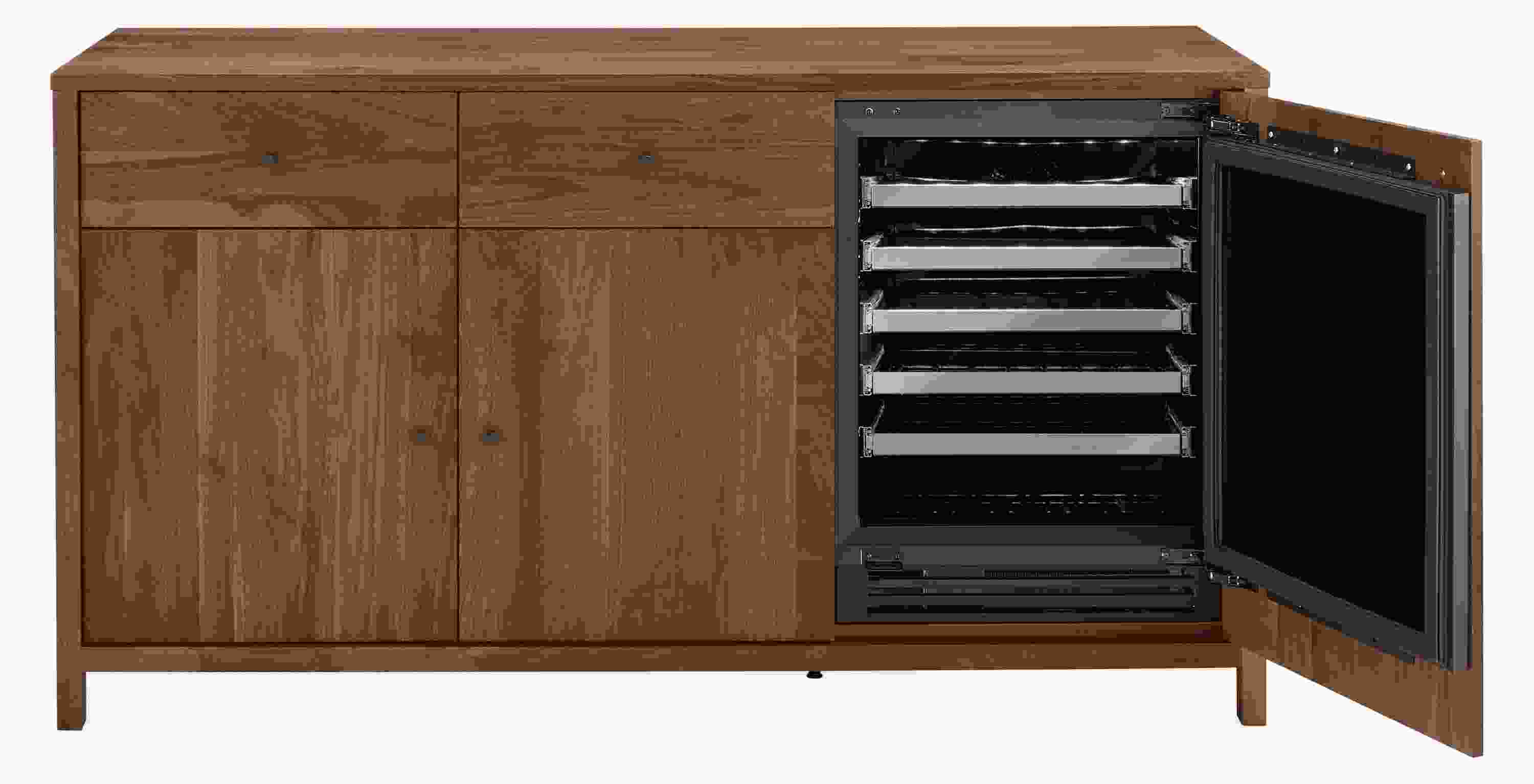 front view of emerson 72-wide Fridge Cabinet in walnut with fridge door open.