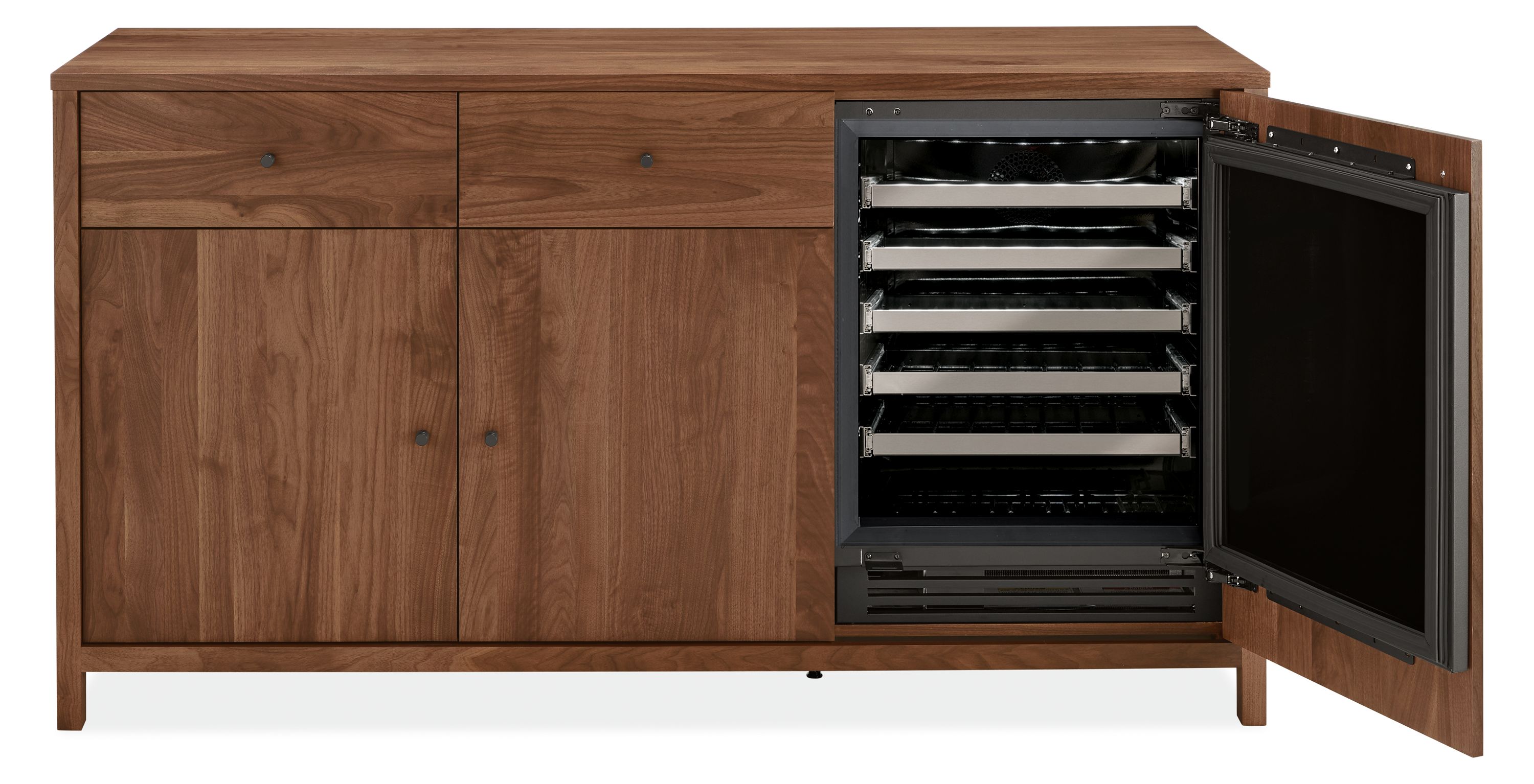 front view of emerson 72-wide Fridge Cabinet in walnut with fridge door open.