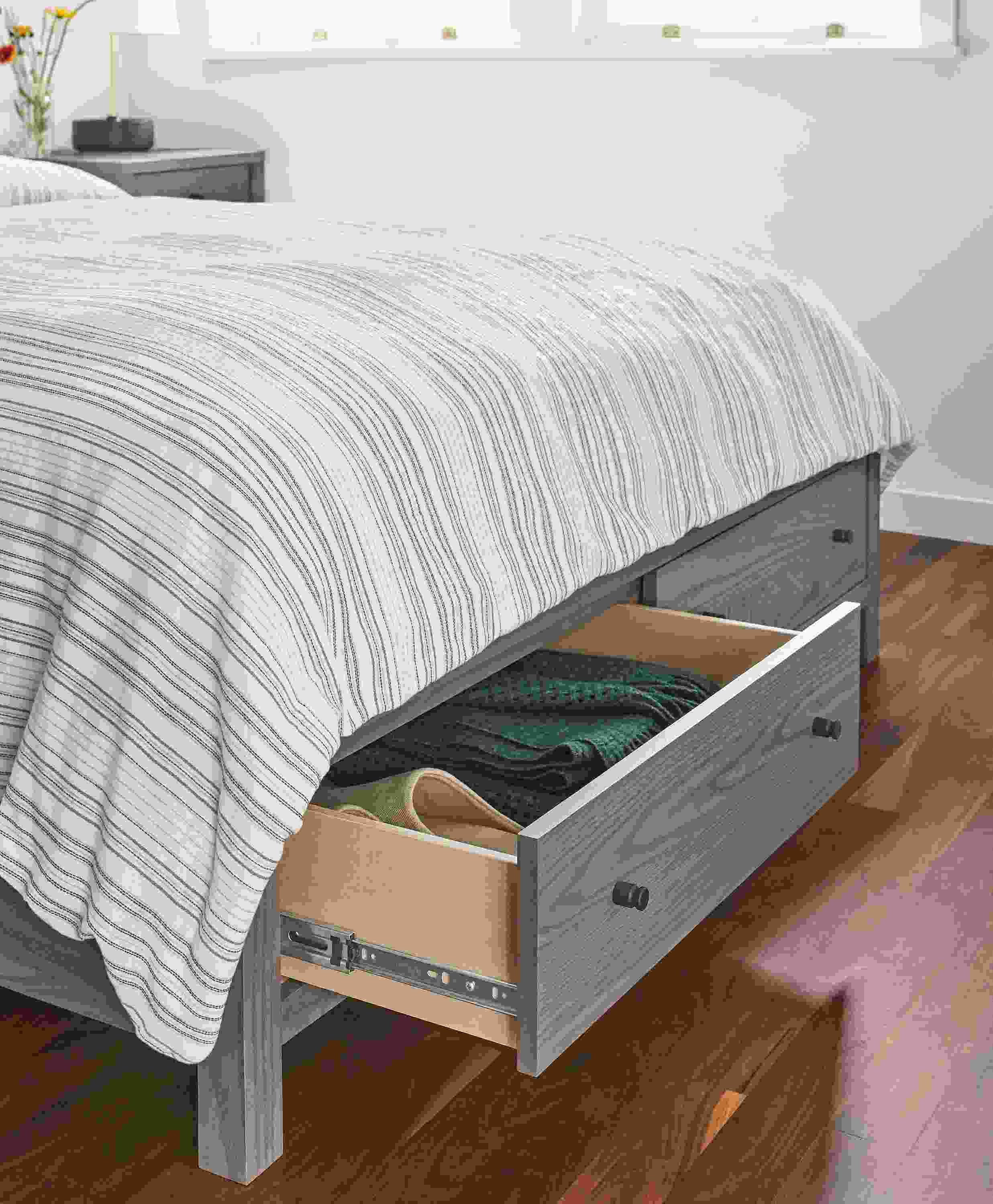 Detail of open Emerson storage bed drawer.