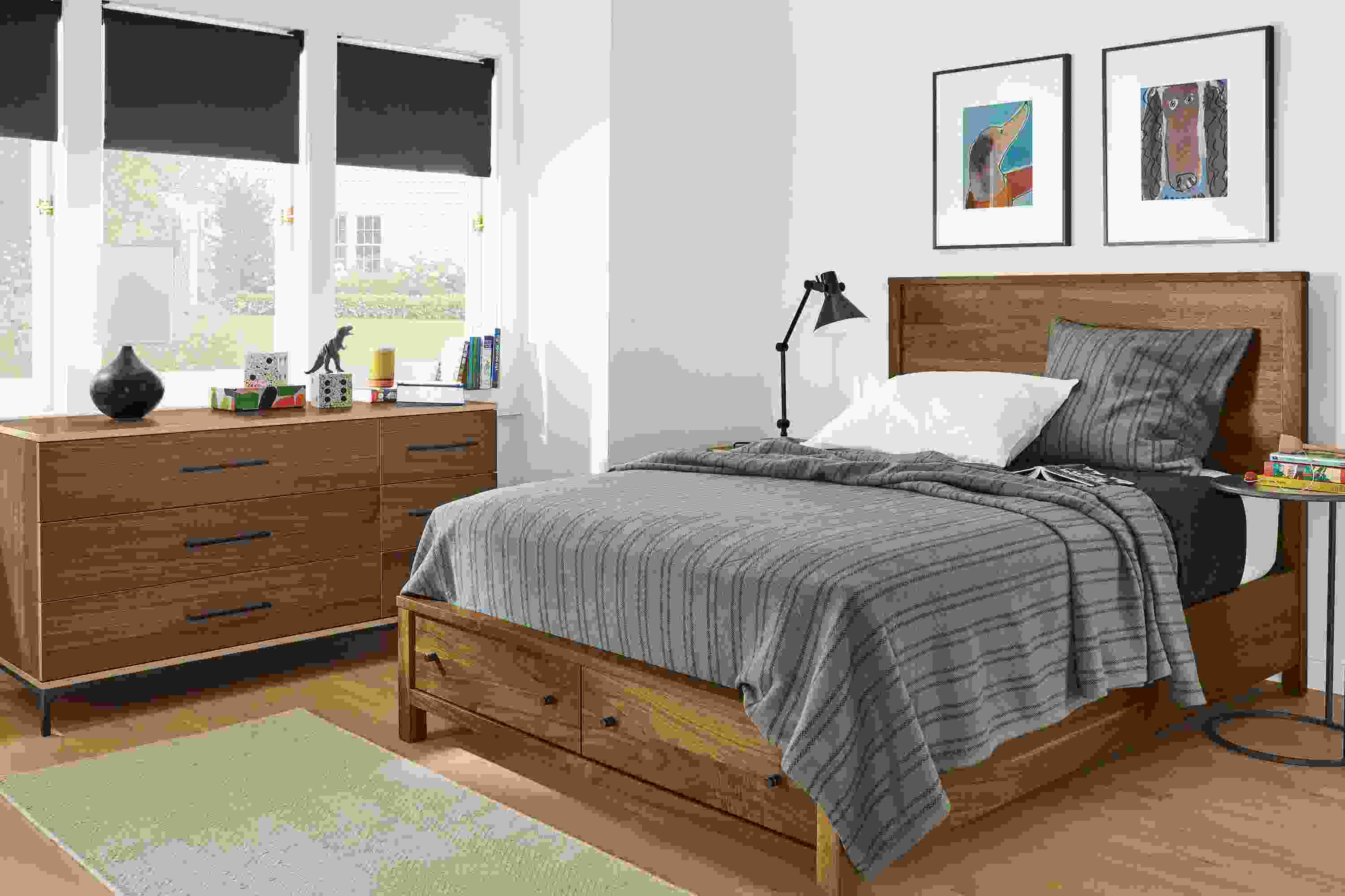 Detail of full Emerson storage bed in walnut in bedroom.
