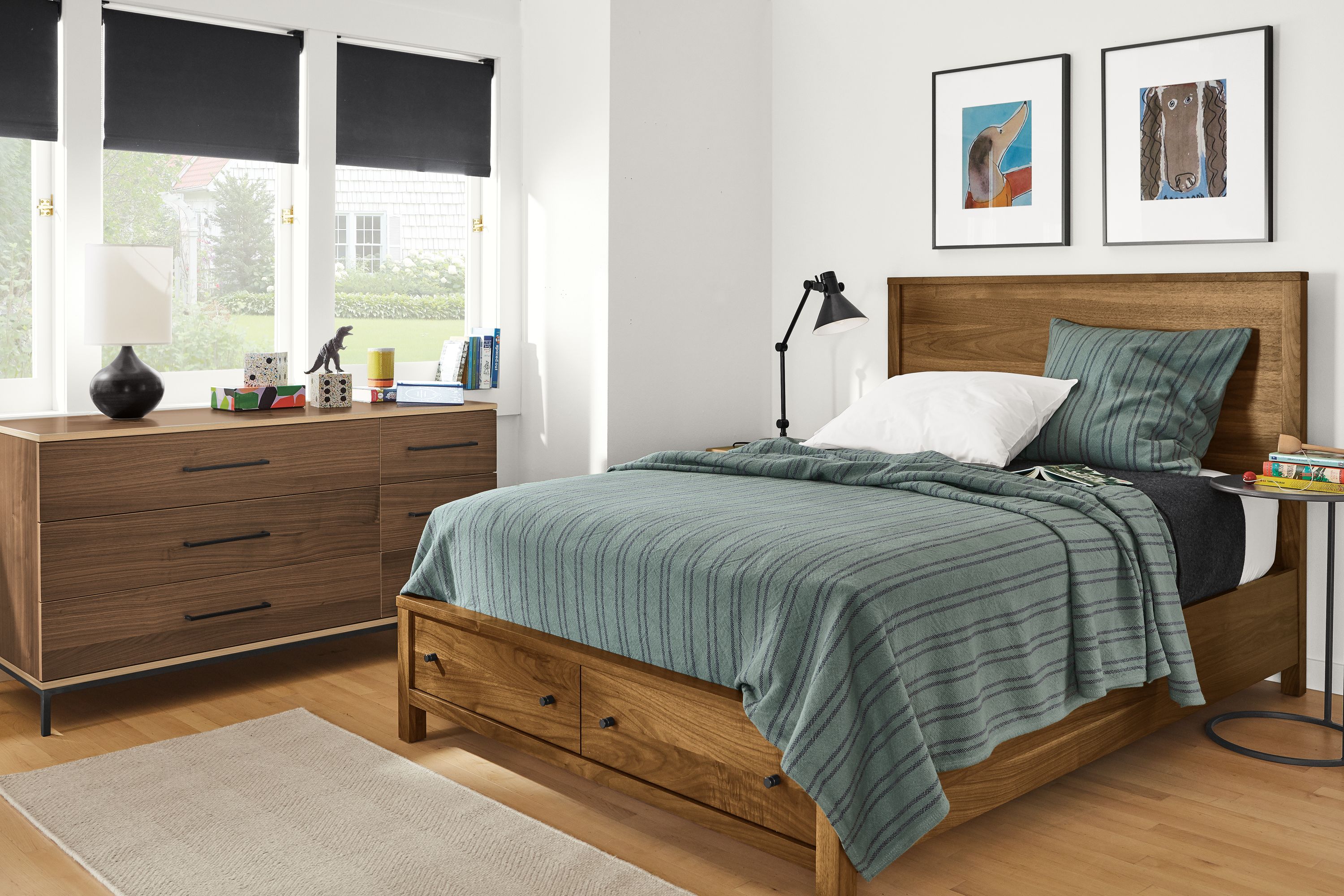 Detail of full Emerson storage bed in walnut in bedroom.