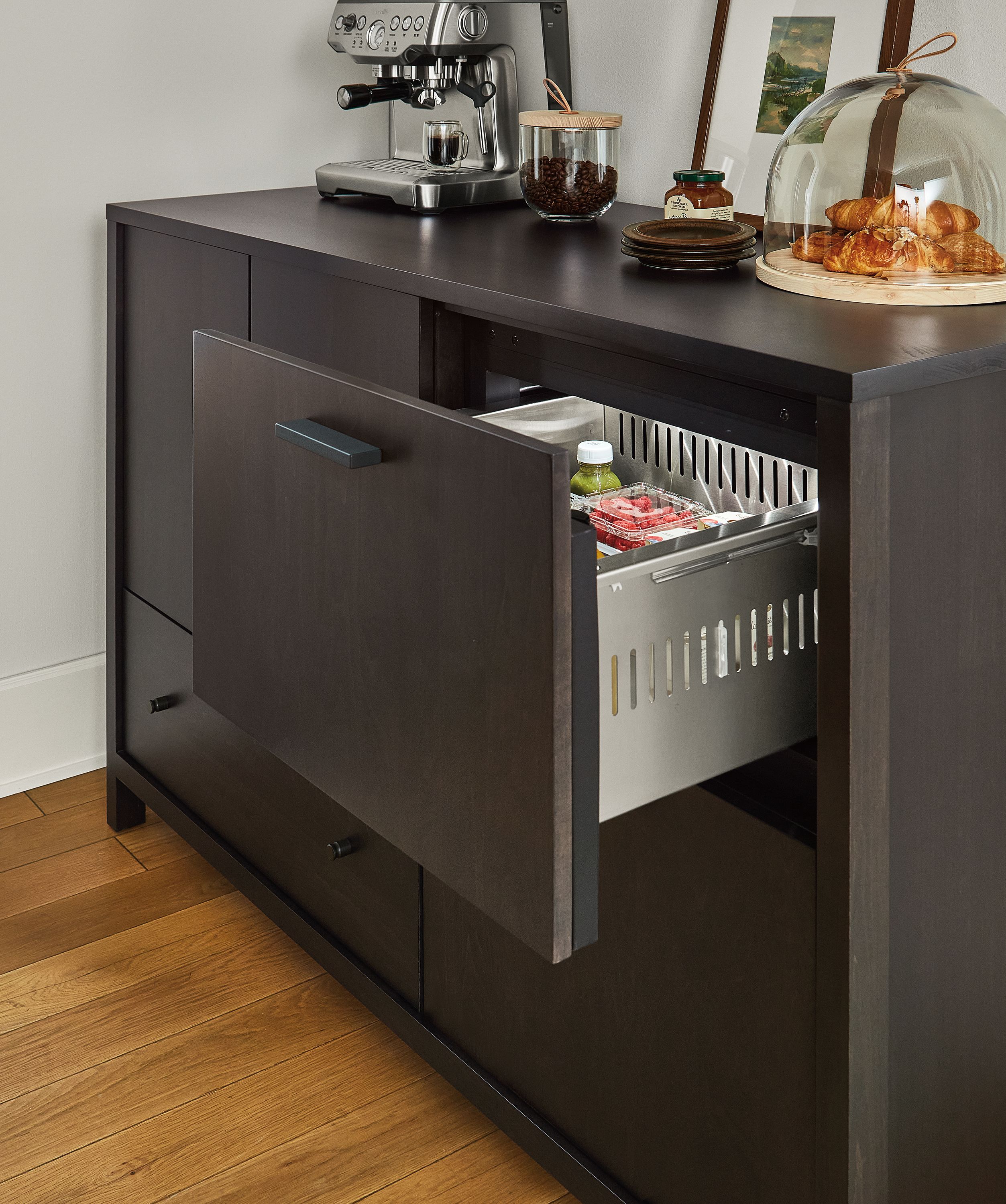Emerson 60-wide fridge cabinet in charcoal  shown with top fridge drawer open.
