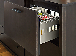 Emerson 60-wide fridge cabinet in charcoal with top fridge drawer open.