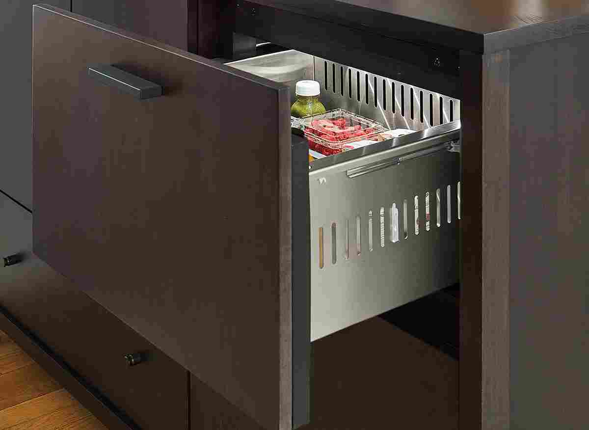 Emerson 60-wide fridge cabinet in charcoal with top fridge drawer open.