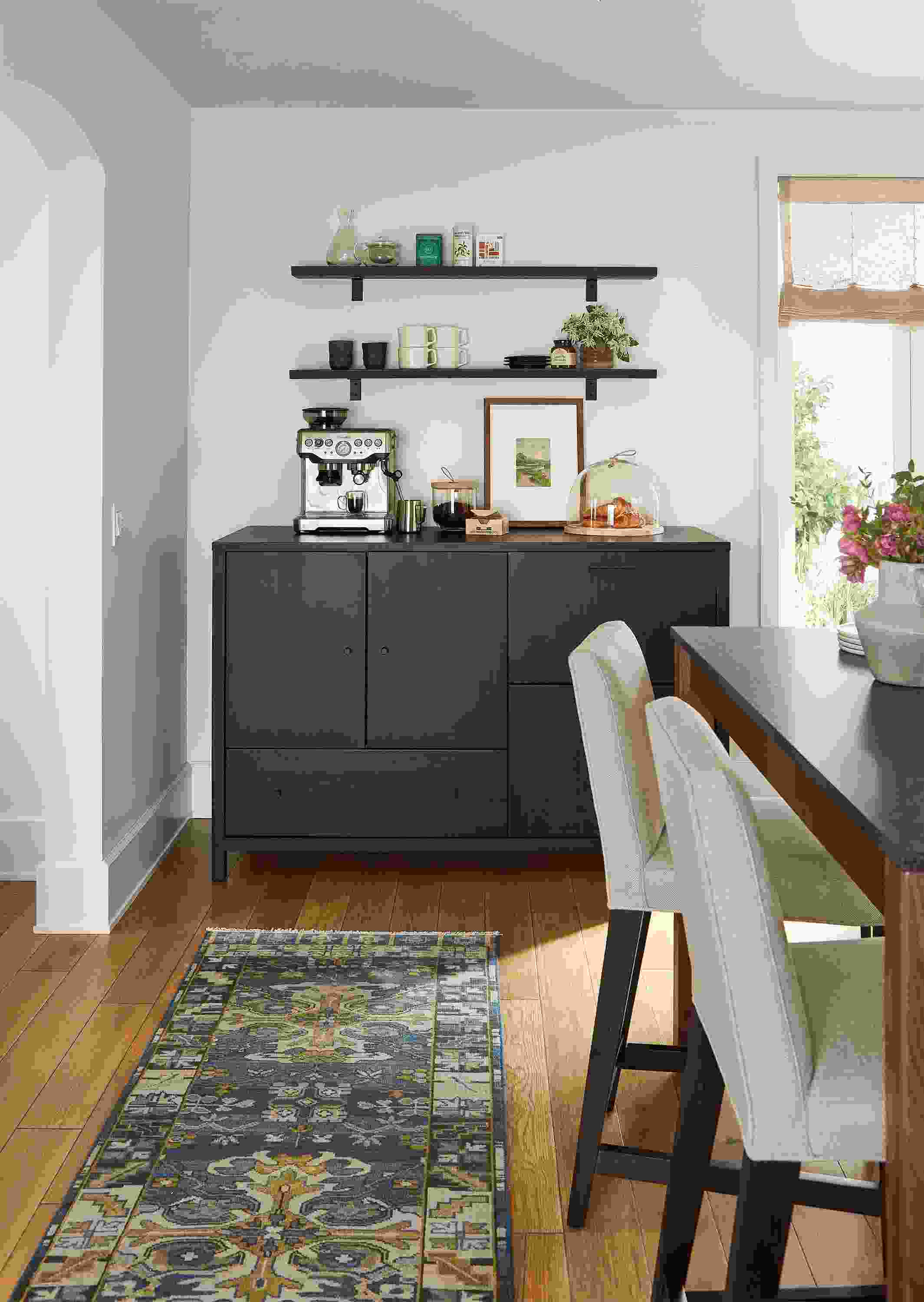 Dining area with Emerson 60-wide fridge cabinet with 2  drawers, Ava counter stools Linden counter table.