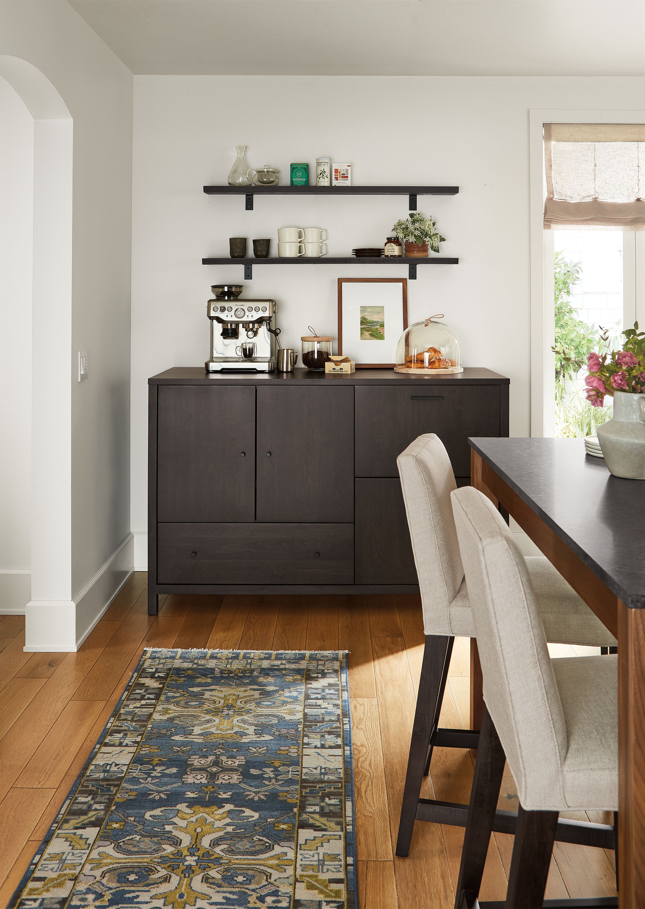 dining area with emerson 60w cabinet with 2 fridge drawers, ava counter stools and linden counter table.