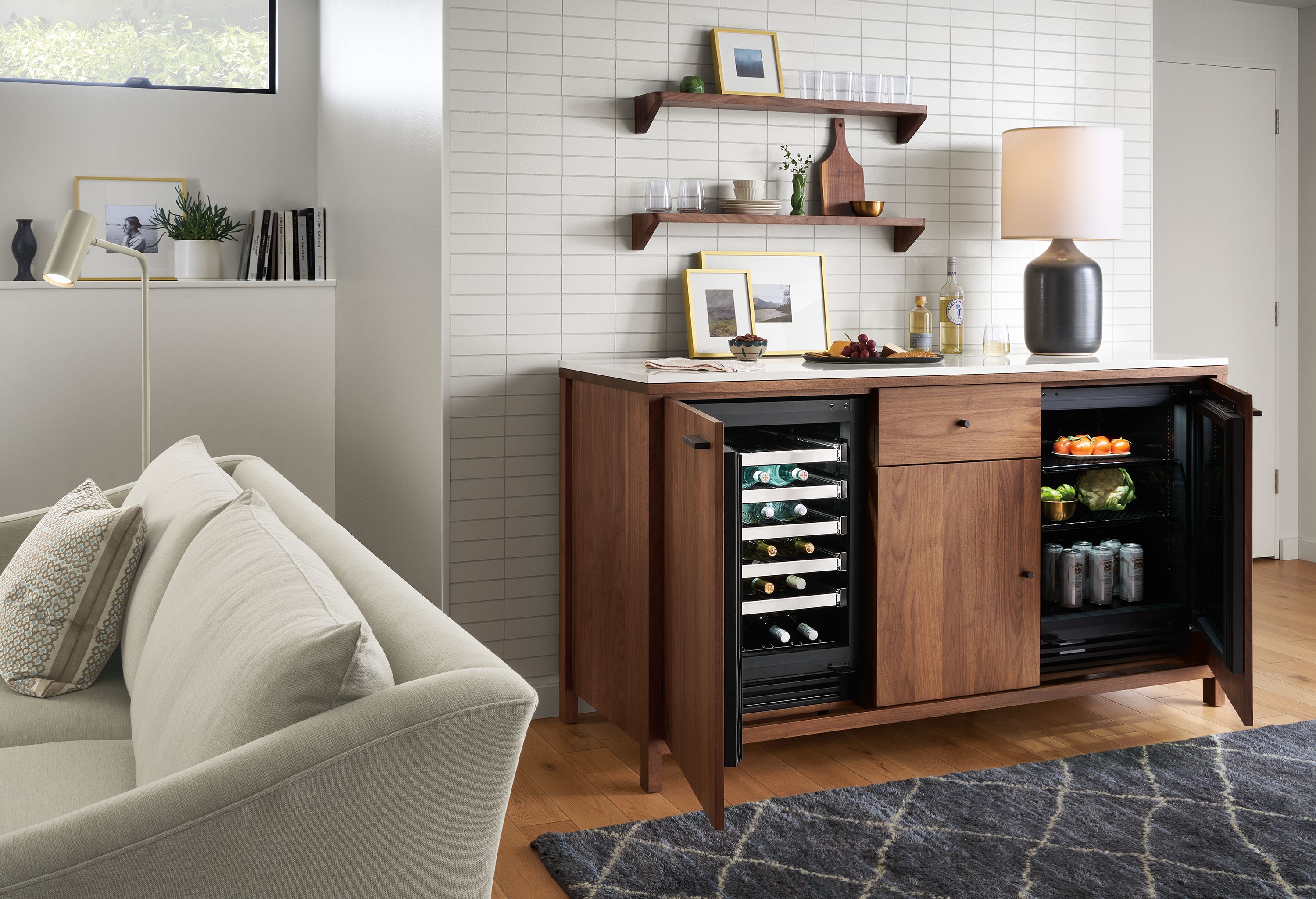 72w double fridge cabinet in walnut with white quartz top; left solid door wine fridge, right solid door two-shelf fridge