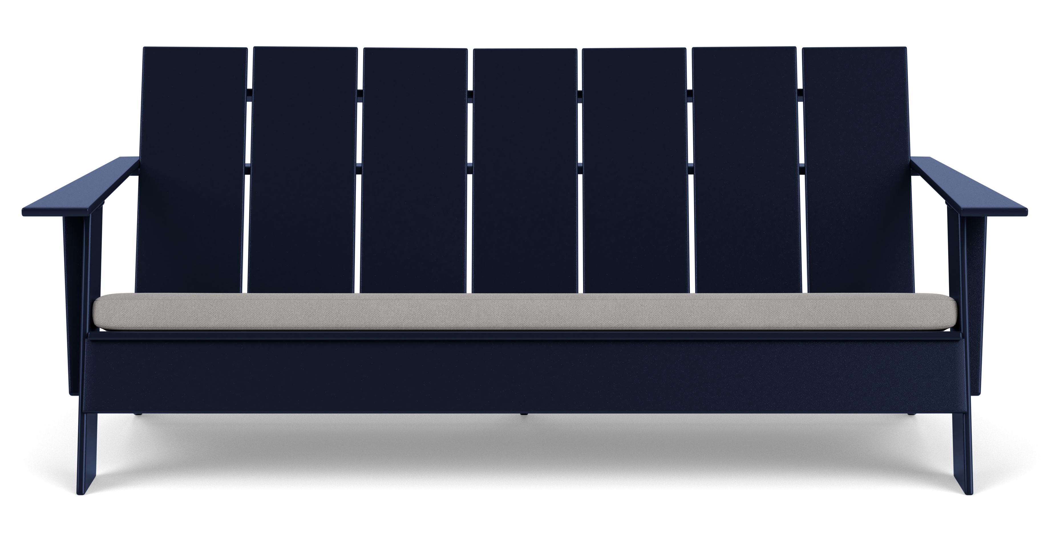 Front view of Emmet 70 inch sofa in Navy with Pelham smoke fabric cushion.