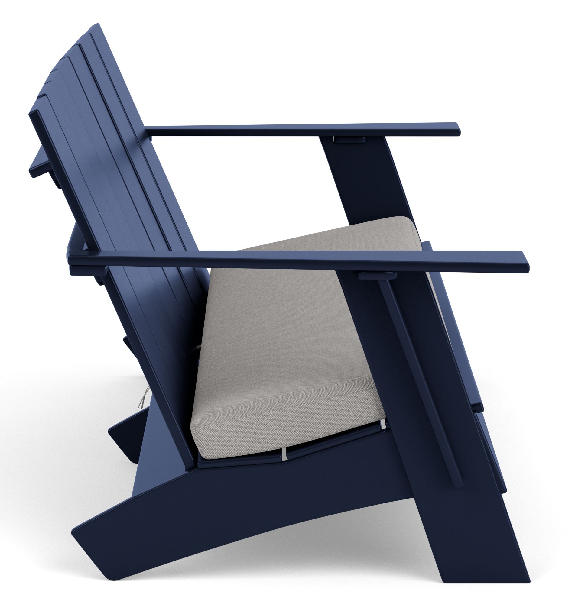 Side view of Emmet 70 inch sofa in Navy with Pelham smoke fabric cushion.