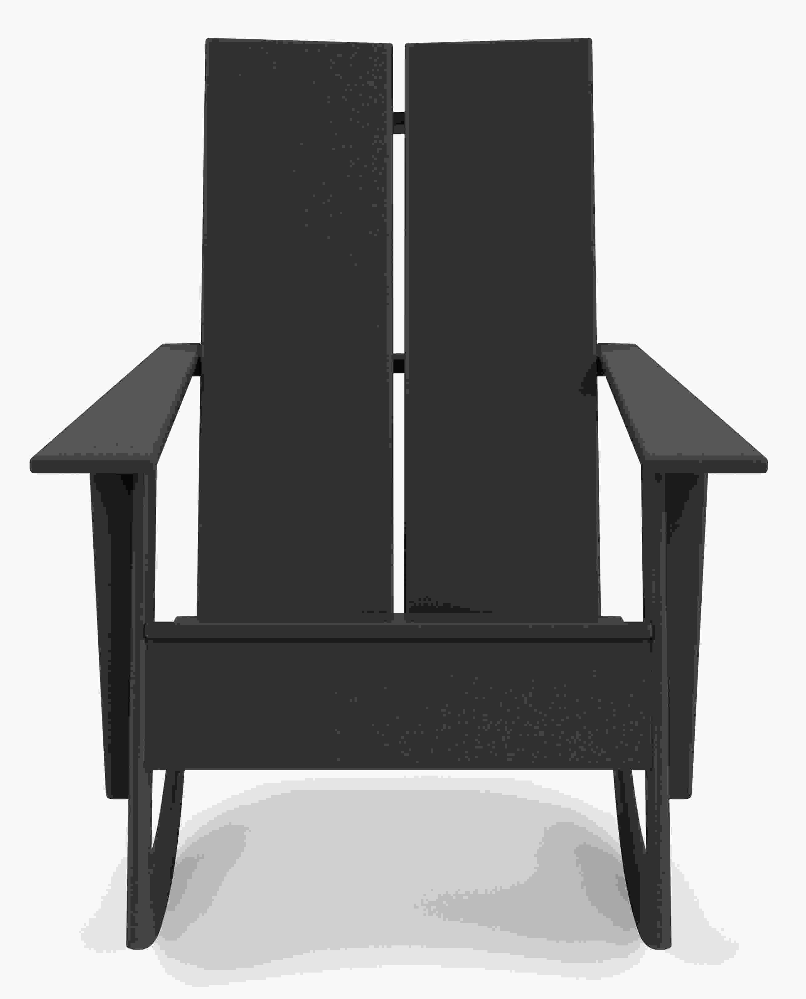 Front view of  Emmet Rocker in Black with Pelham smoke fabric cushion.