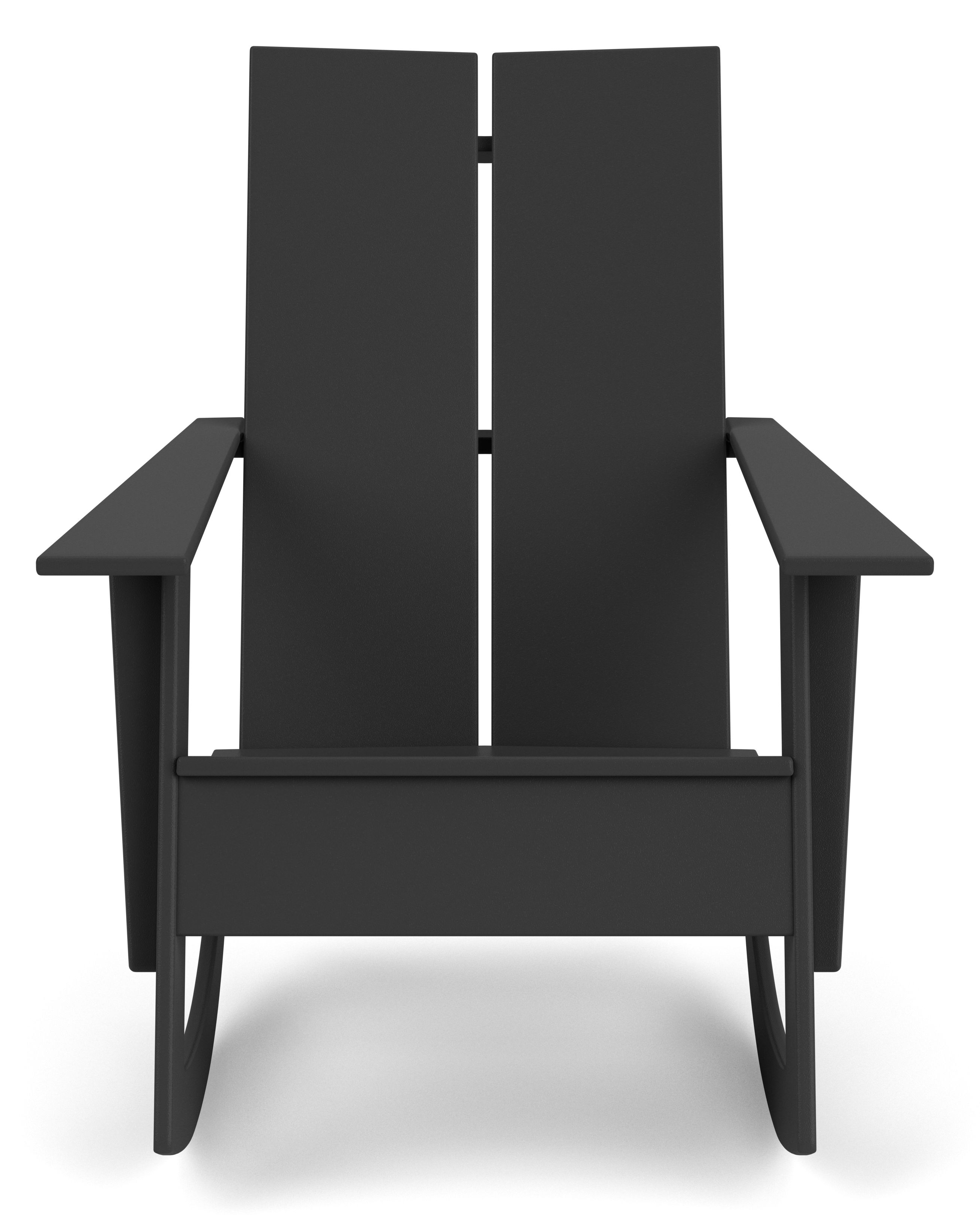 Front view of  Emmet Rocker in Black with Pelham smoke fabric cushion.