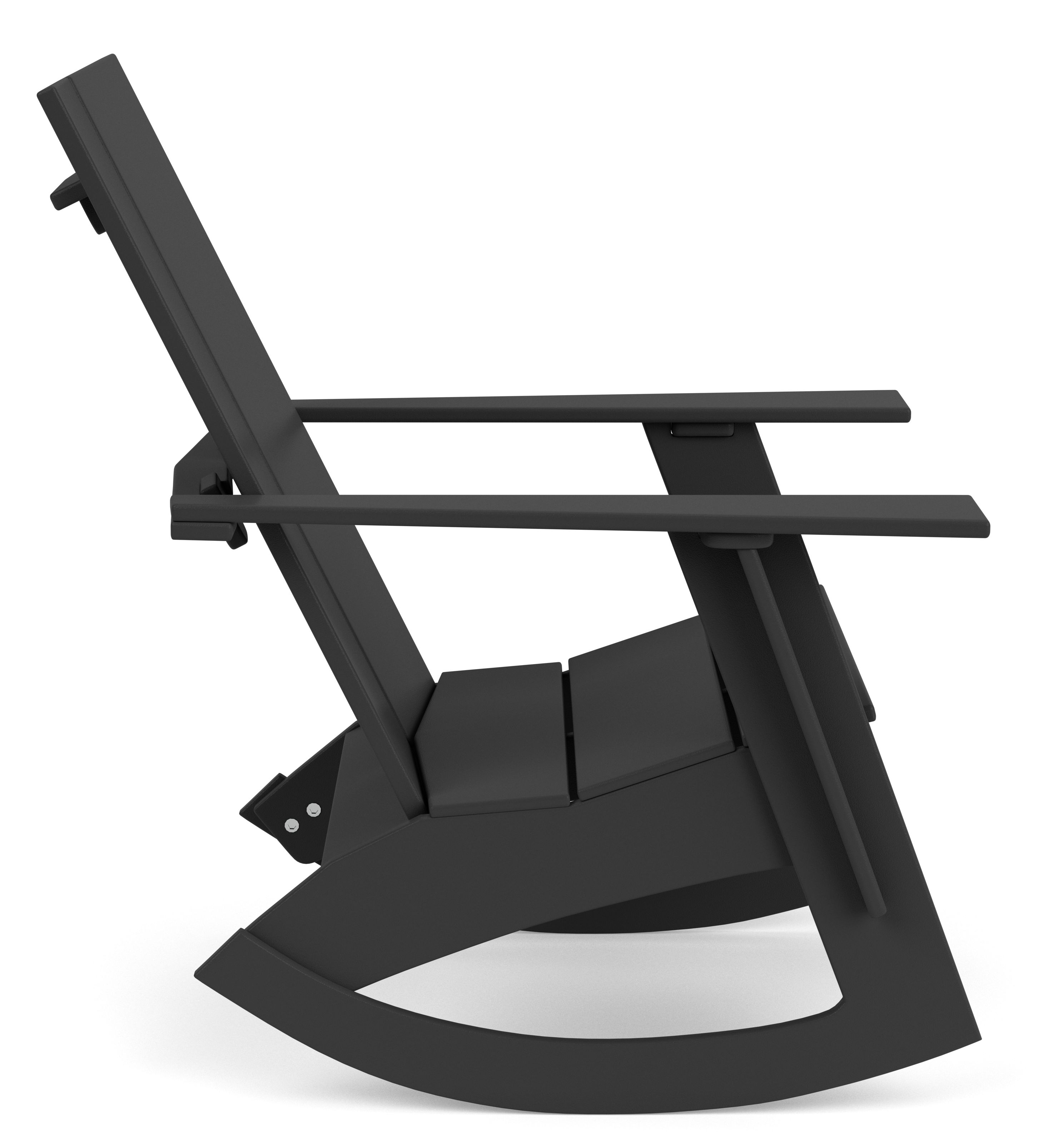 Side view of  Emmet Rocker in Black with Pelham smoke fabric cushion.