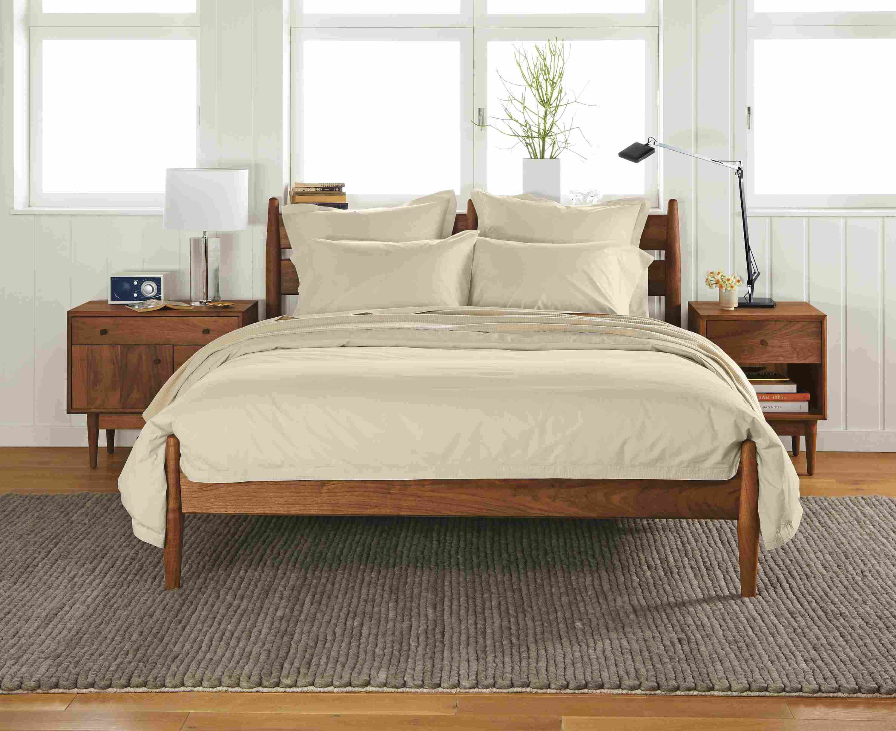 Bedroom with Percale bedding ensemble in stone.