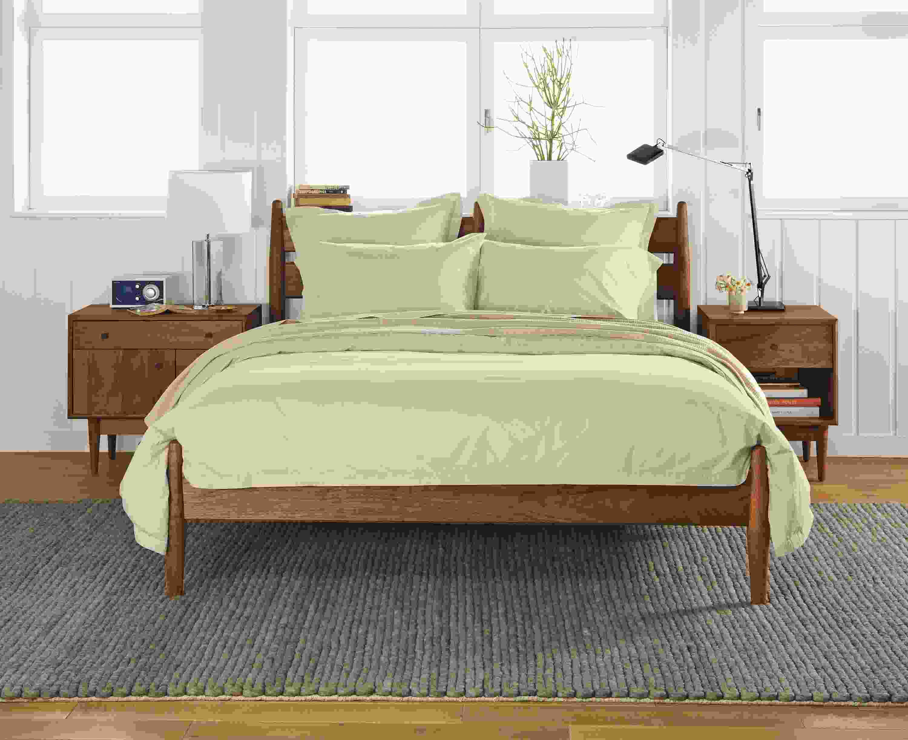 Bedroom with Percale bedding ensemble in stone.