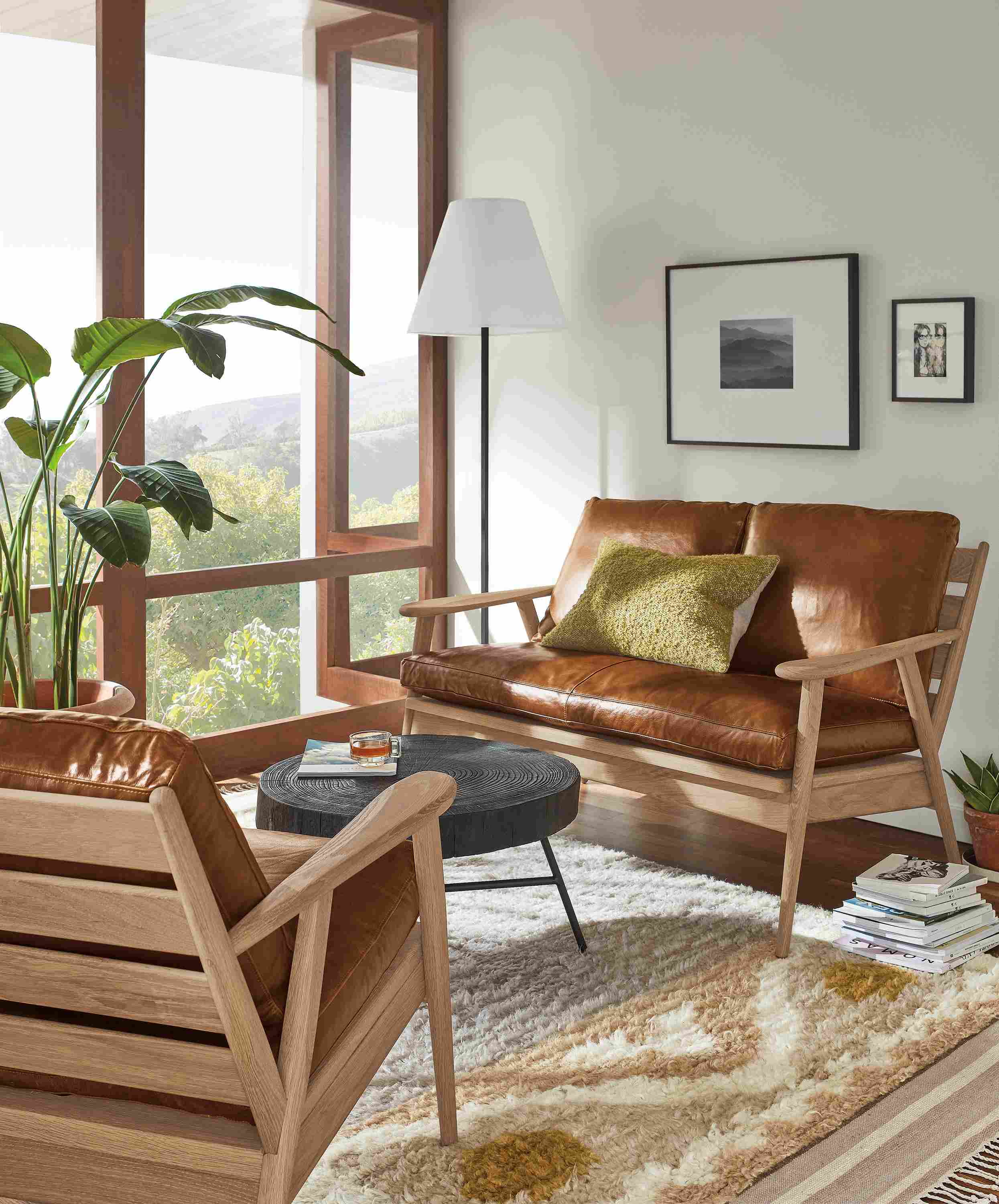 room setting with ericson loveseat and lounge chair, prospect coffee table, tova rug.