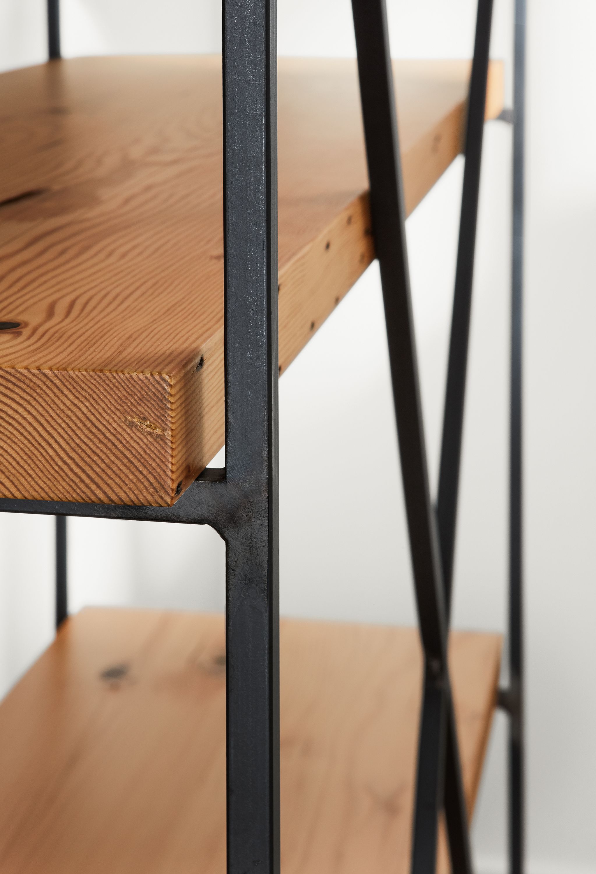 Detail of Etting 40-wide Bookcase in Natural Steel and Reclaimed Douglas Fir.