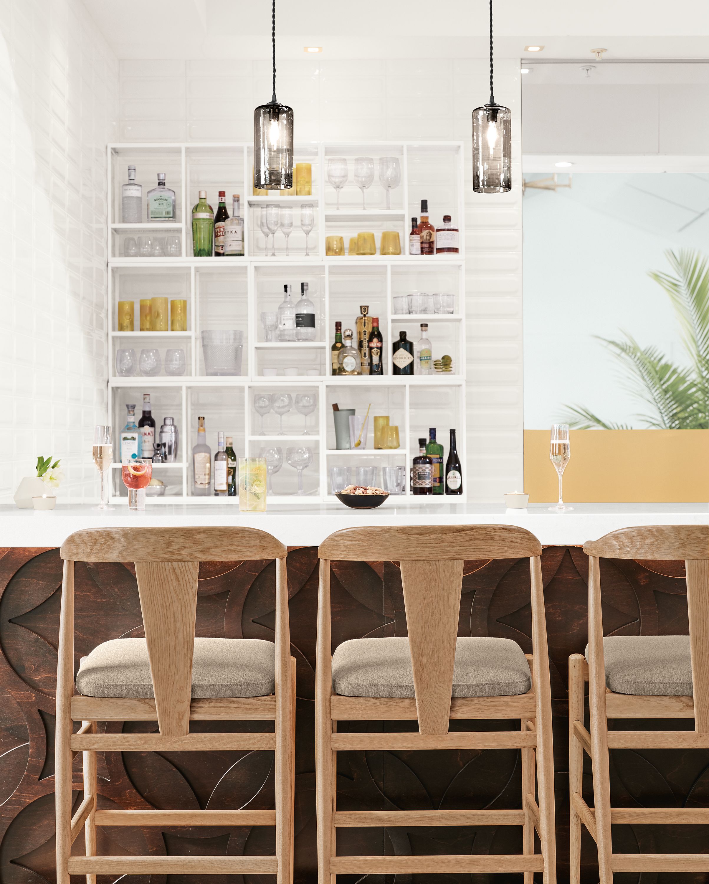 Counter stool in Myers taupe fabric and oak with rye stain frame