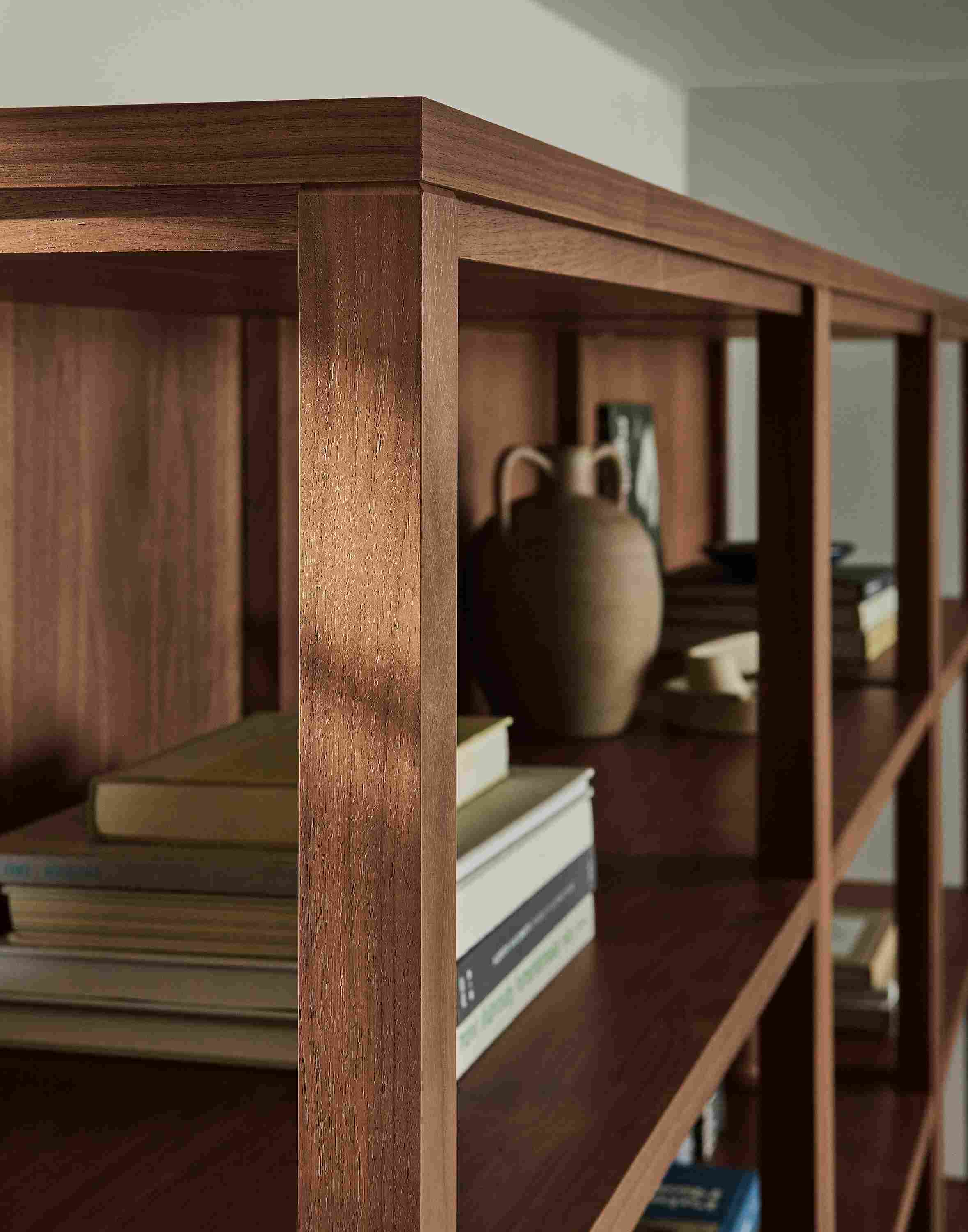 Detail of joinery on a Fable 36-wide bookcase in walnut.