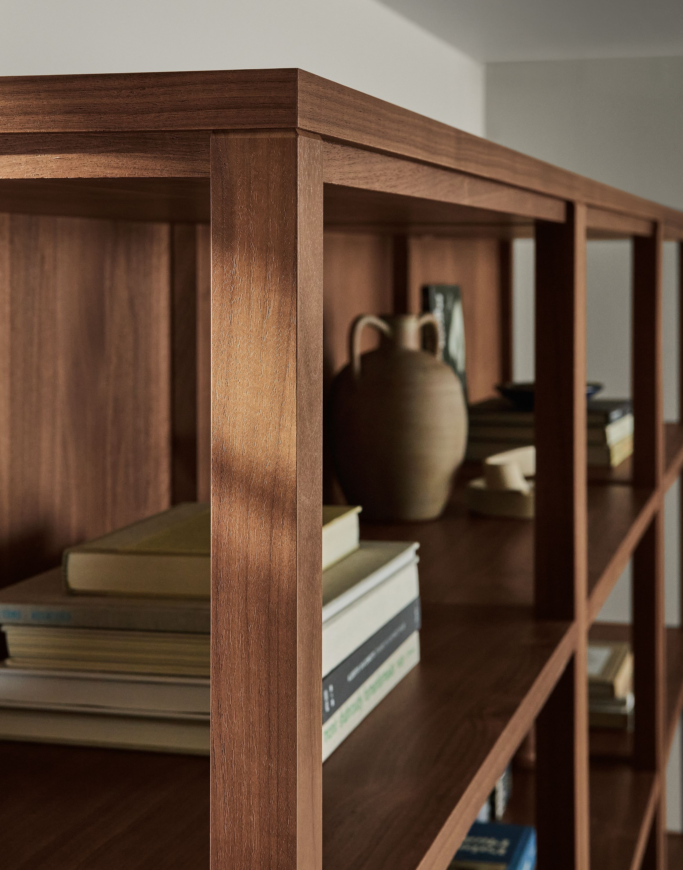 Detail of joinery on a Fable 36-wide bookcase in walnut.