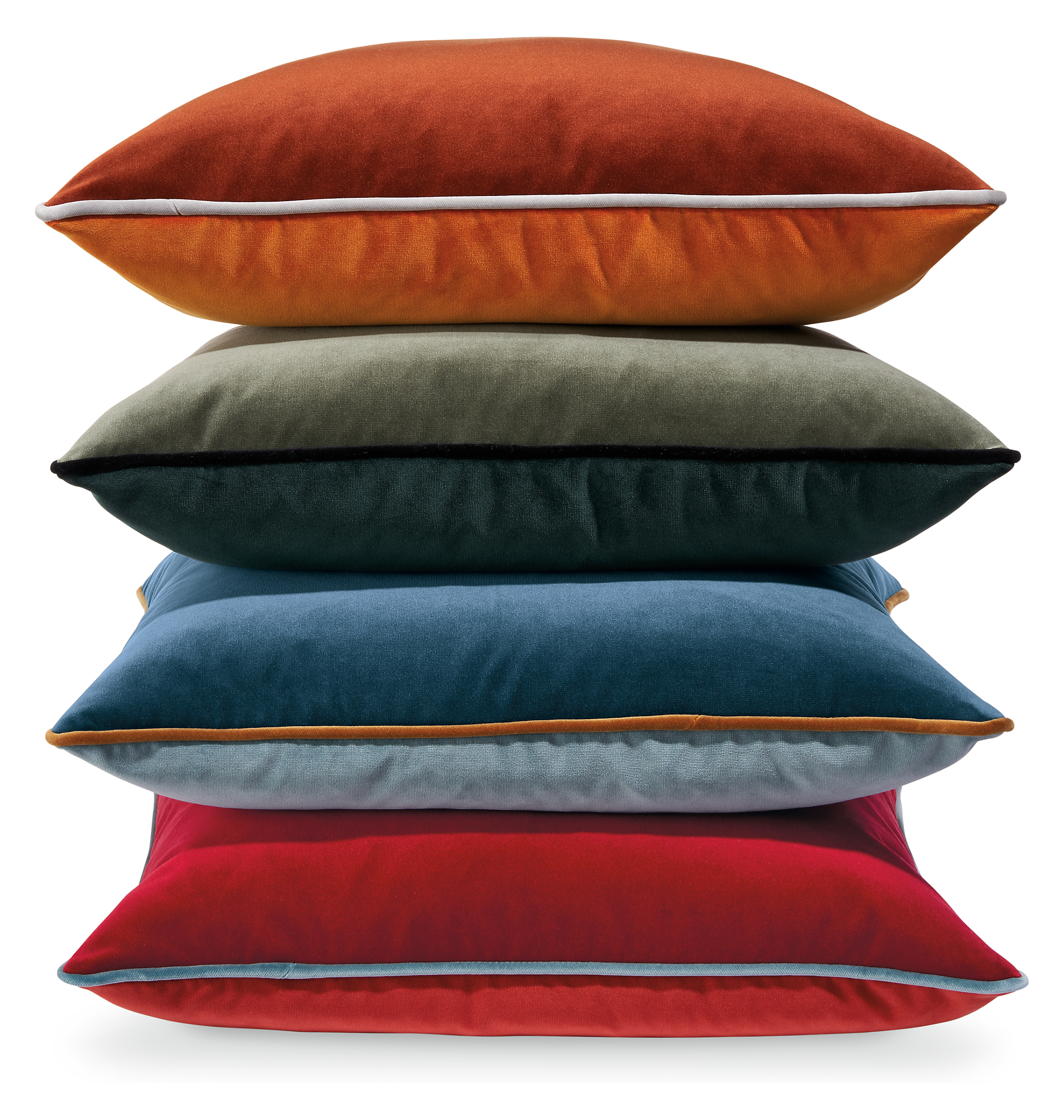 stack of throw pillows in Sienna,Fir, Blue and Red.