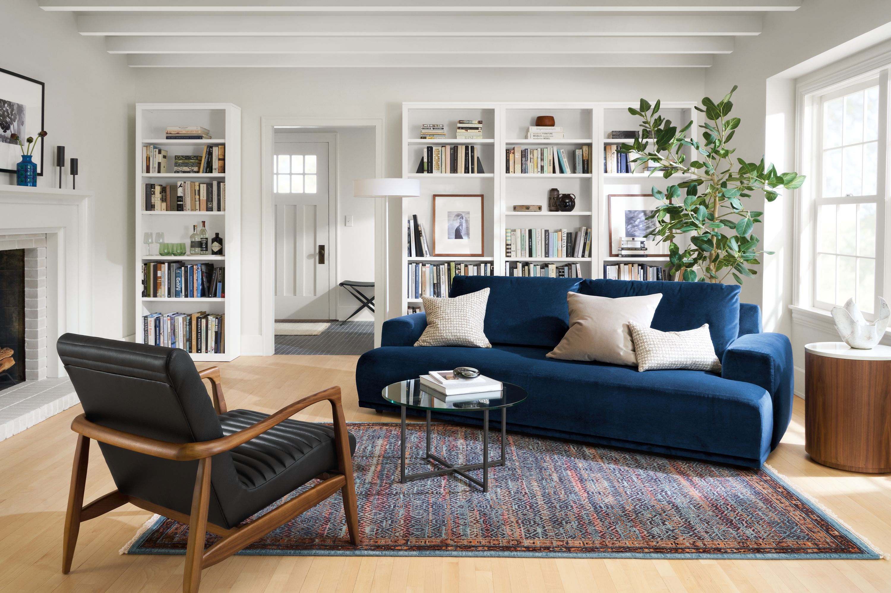 living room with fia sofa in vance indigo, callan chair, classic coffee table, anza rug.