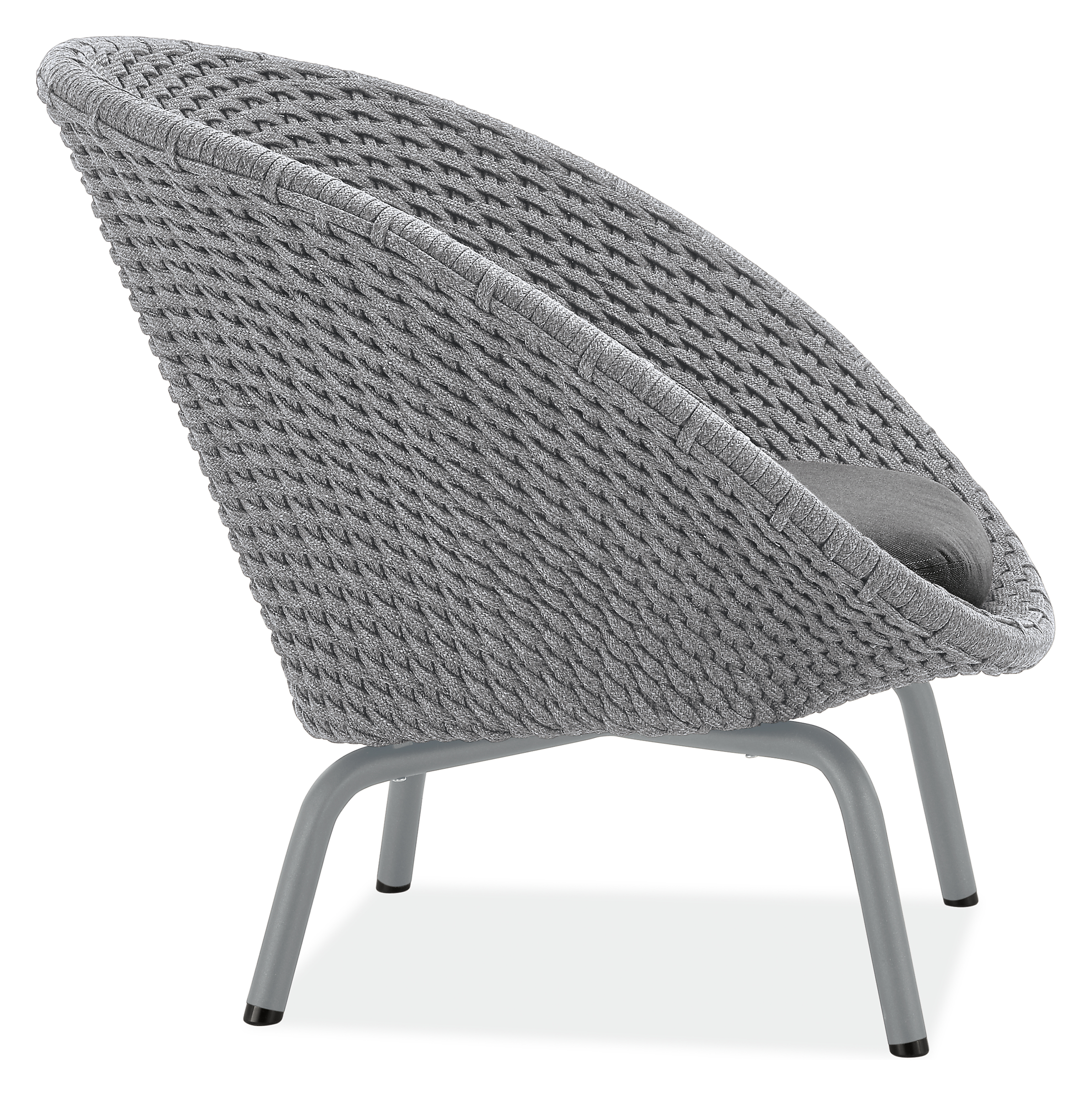 Side view of Flet Lounge Chair with Grey Cushions and Grey Base.