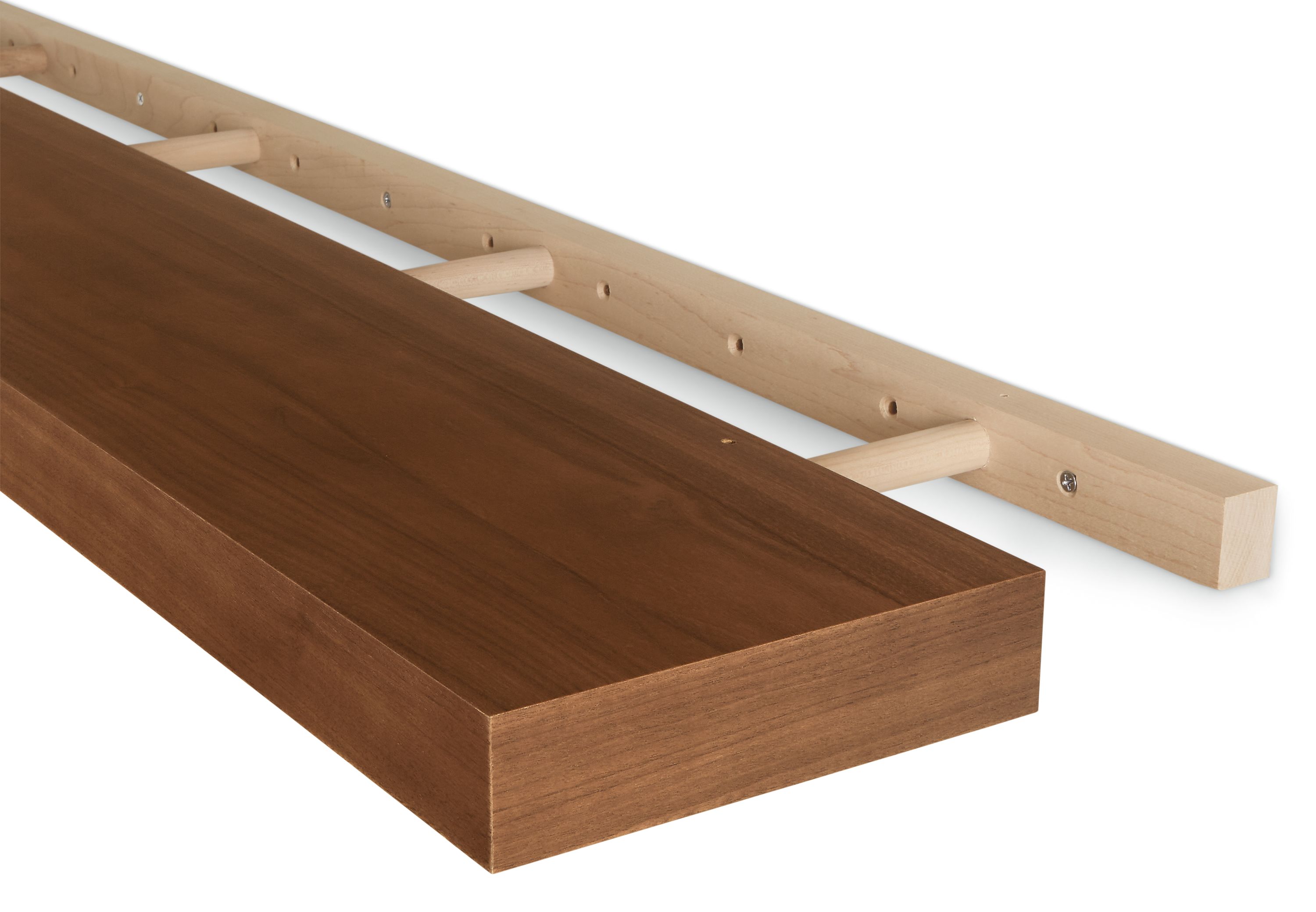 Detail of float 60-wide shelf in walnut showing mounting dowels and shelf partially installed.