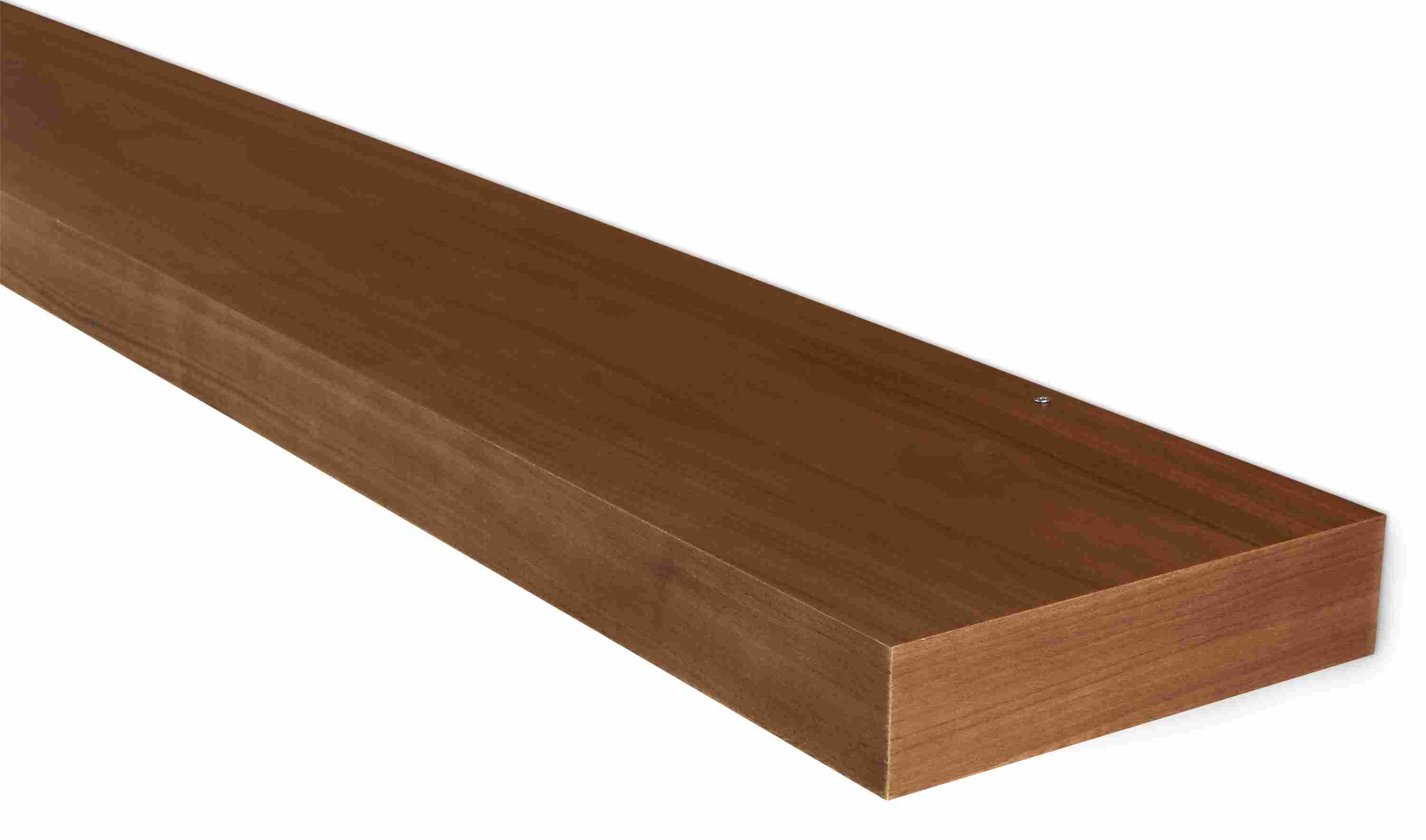Detail of the corner of a float 60-wide wall shelf in walnut.