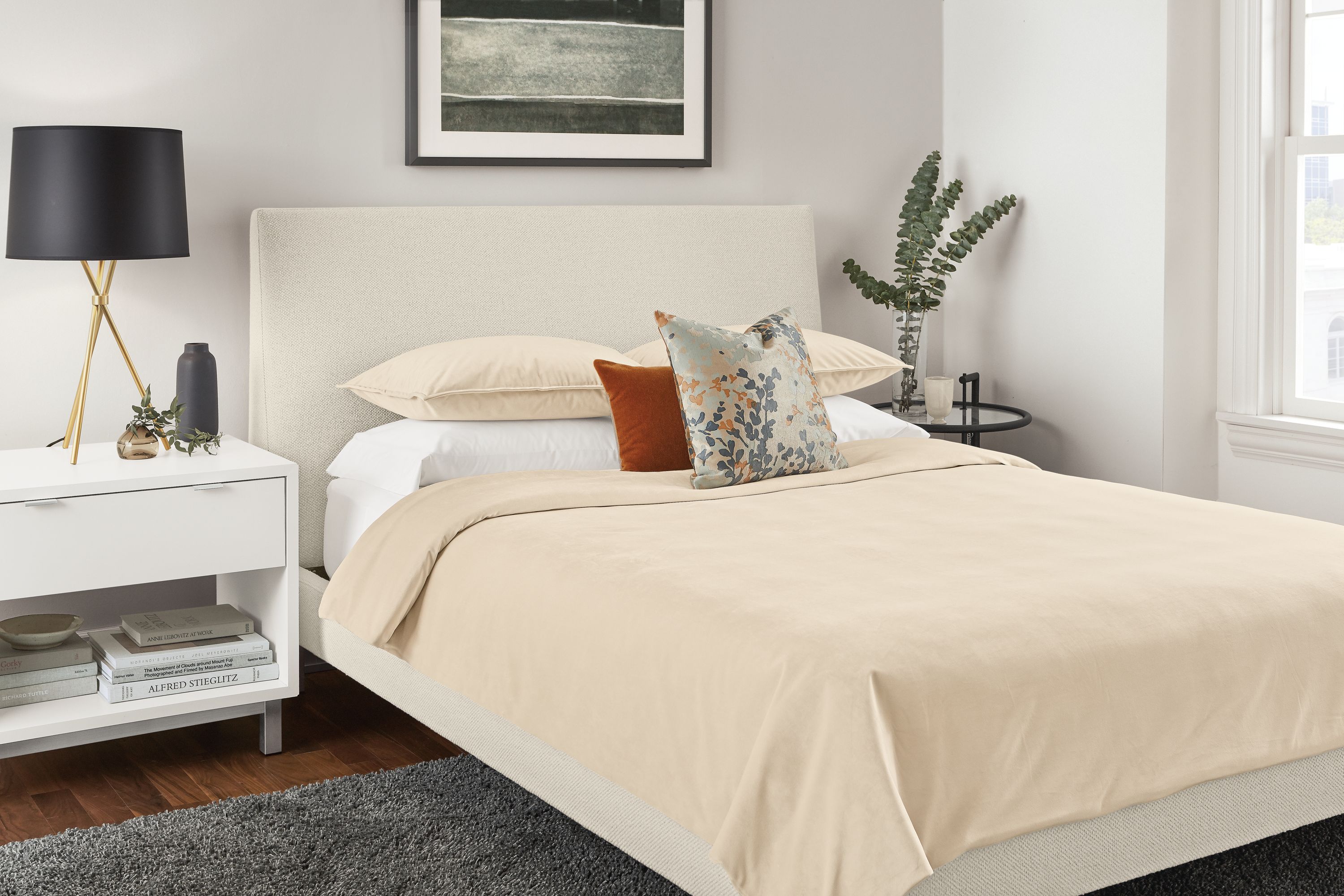 Detail of Fontaine duvet cover in ivory in bedroom.