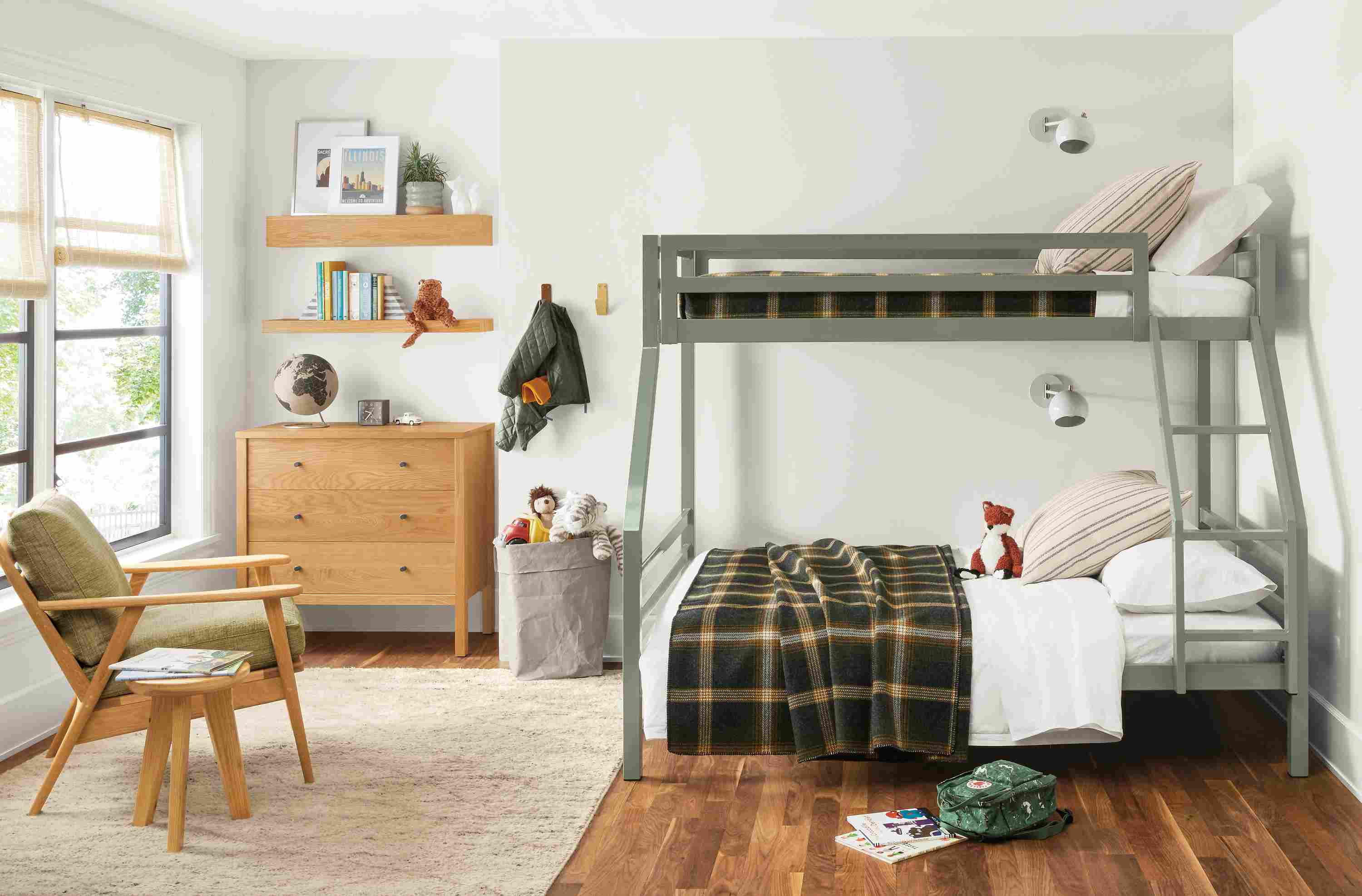 Detail of Fort twin over twin full bunk in Sage powdercoat in kids bedroom.