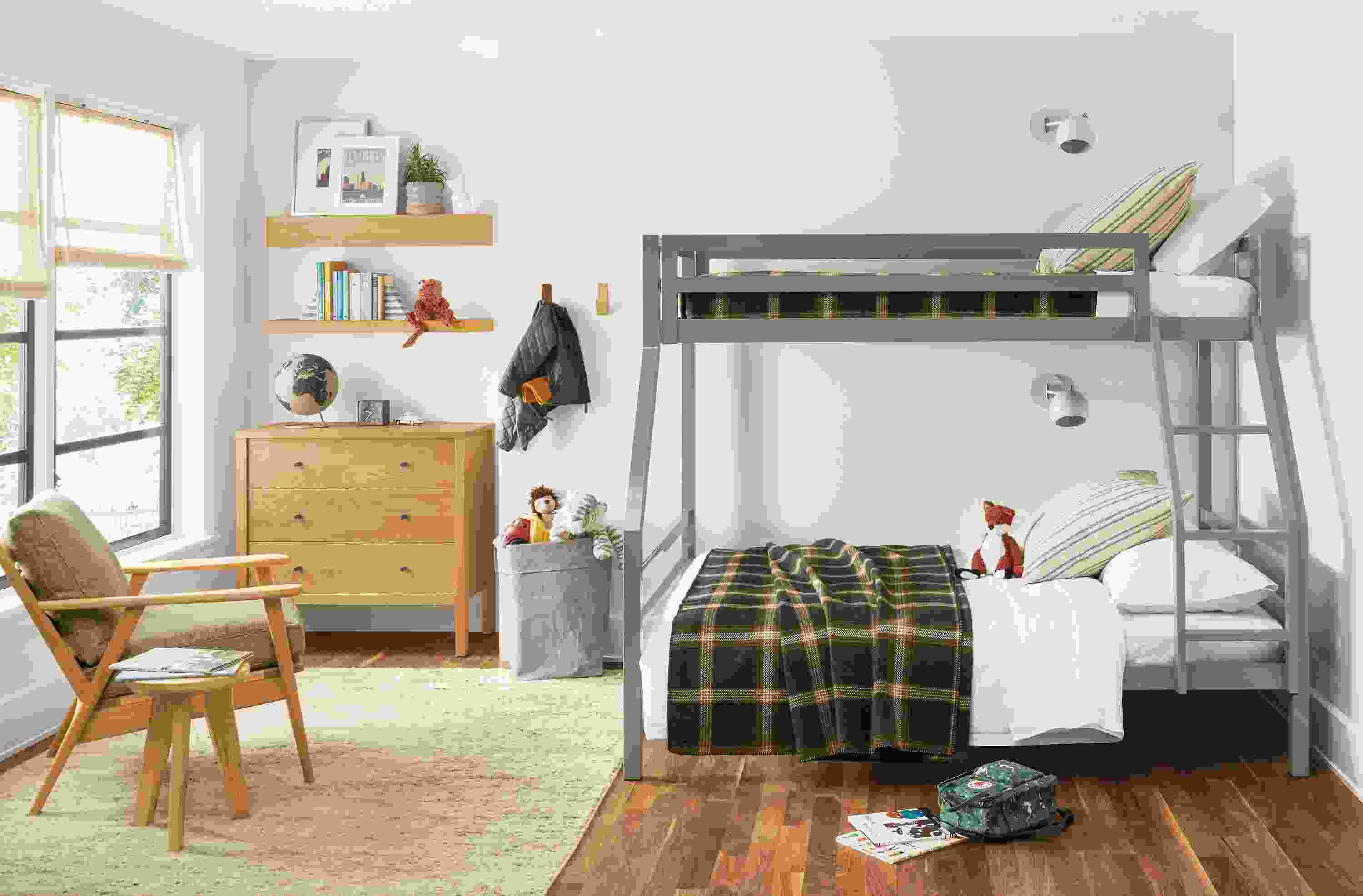 Detail of Fort twin over twin full bunk in Sage powdercoat in kids bedroom.