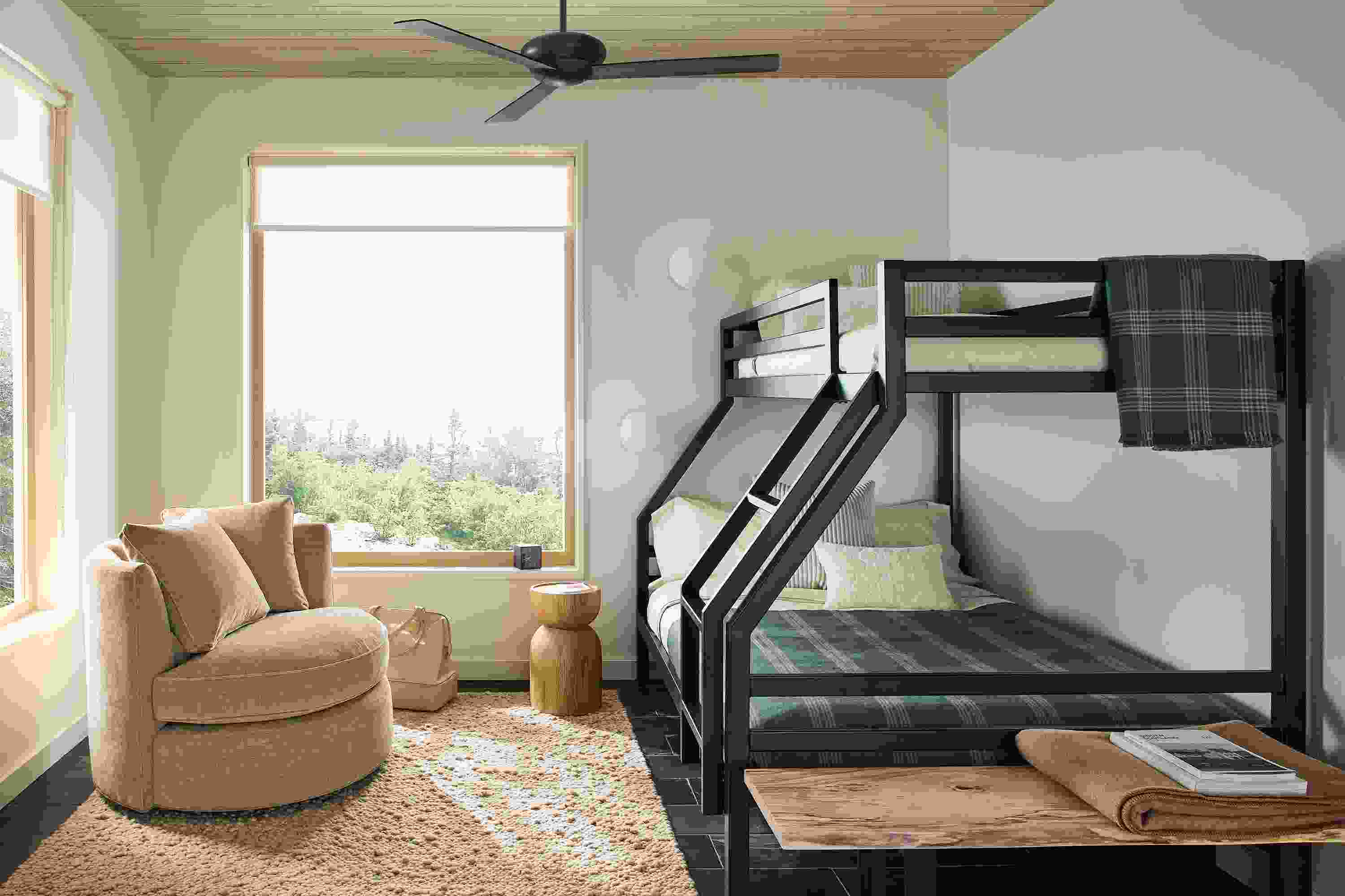 Bedroom with Fort twin-over-full bunk bed in natural steel, Eos swivel chair in Mori Camela and Nyla stool in oak.