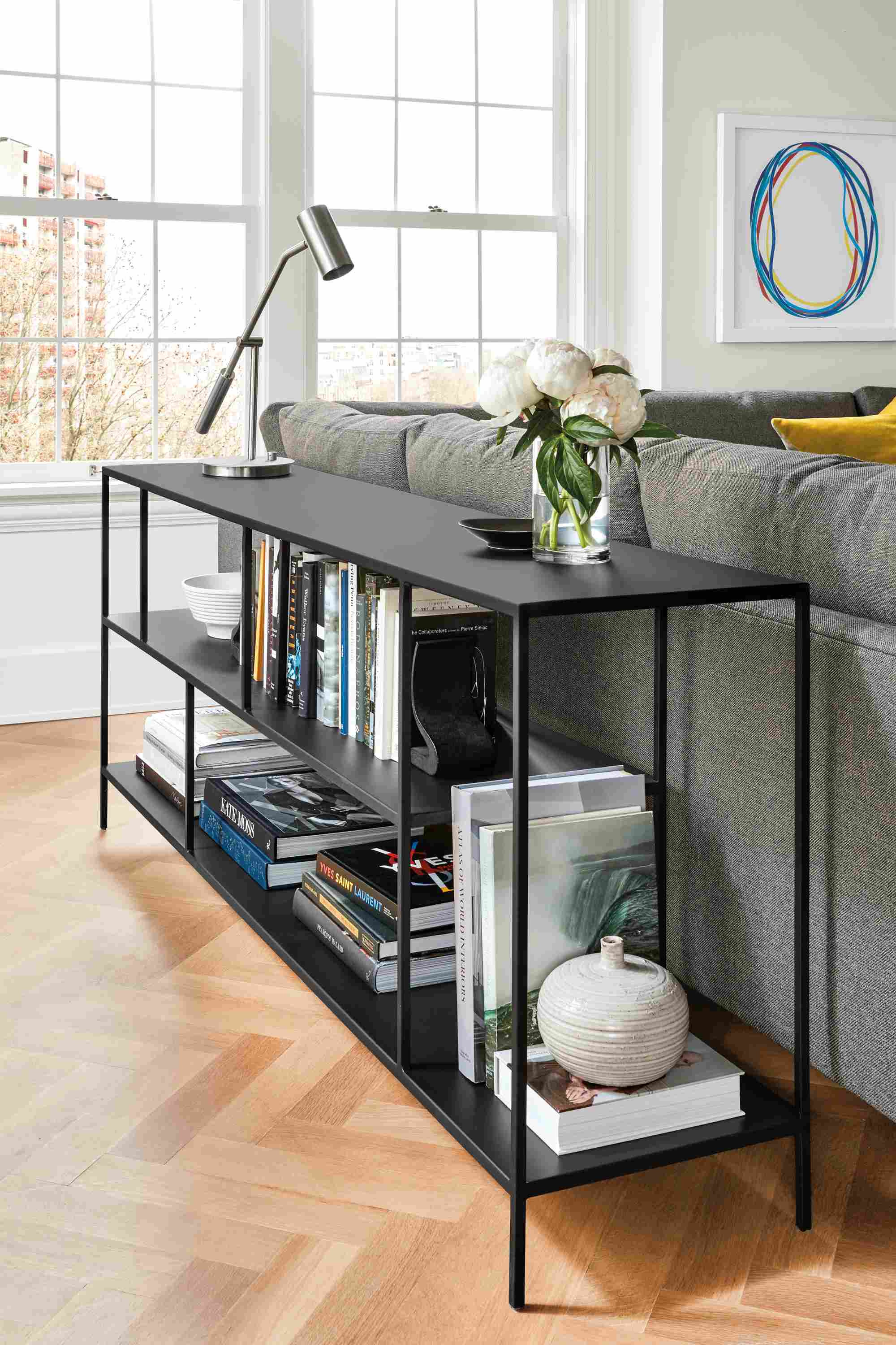 Side detail of Foshay console bookcase.