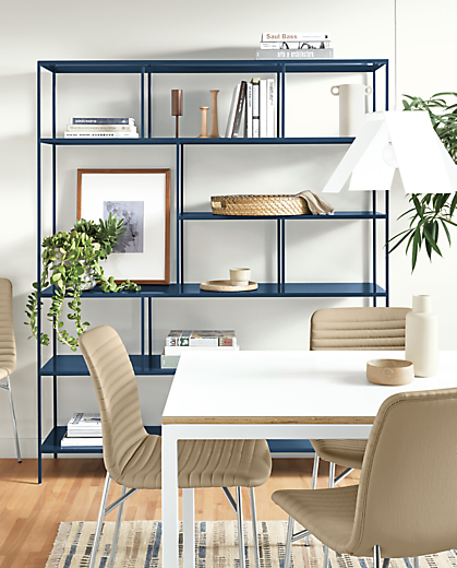 Detail of Foshay bookcase in Sapphire powdercoat in dining room.