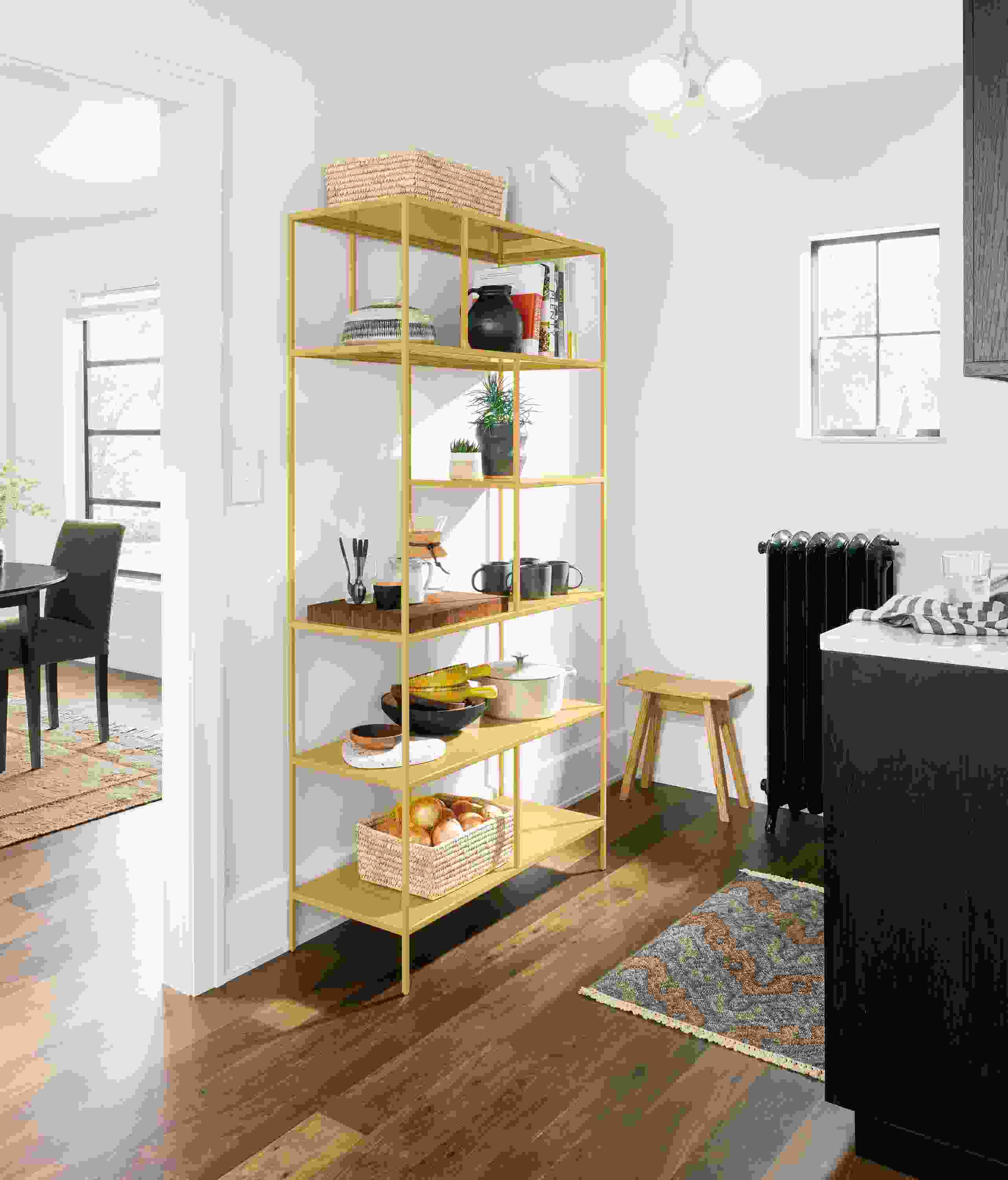 Detail of Foshay bookcase in Saffron in kitchen.