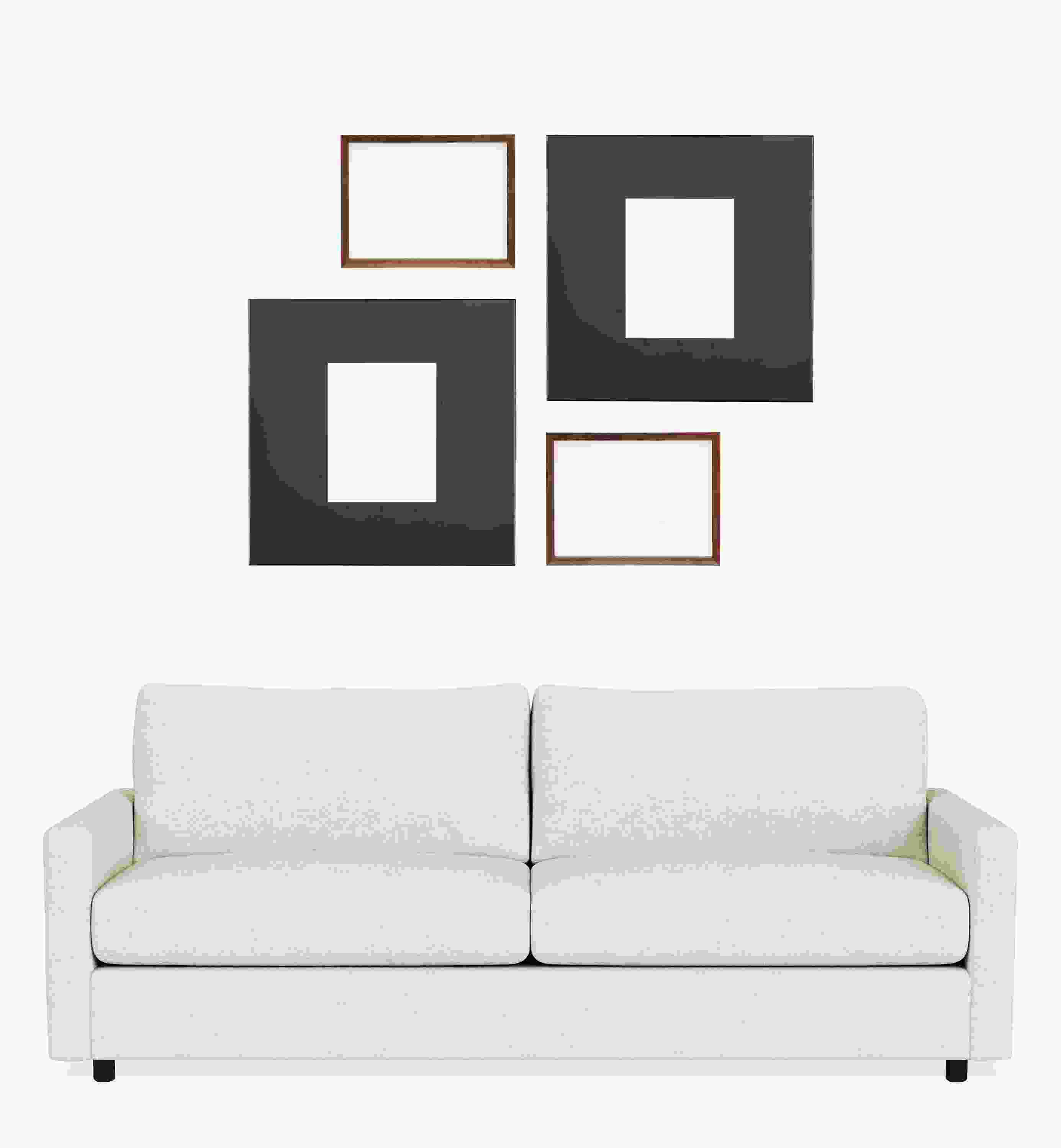 Set of 4 Manhattan and Profile Frames in Natural Steel and Walnut shown horizontal above 81-wide Cade Sofa.