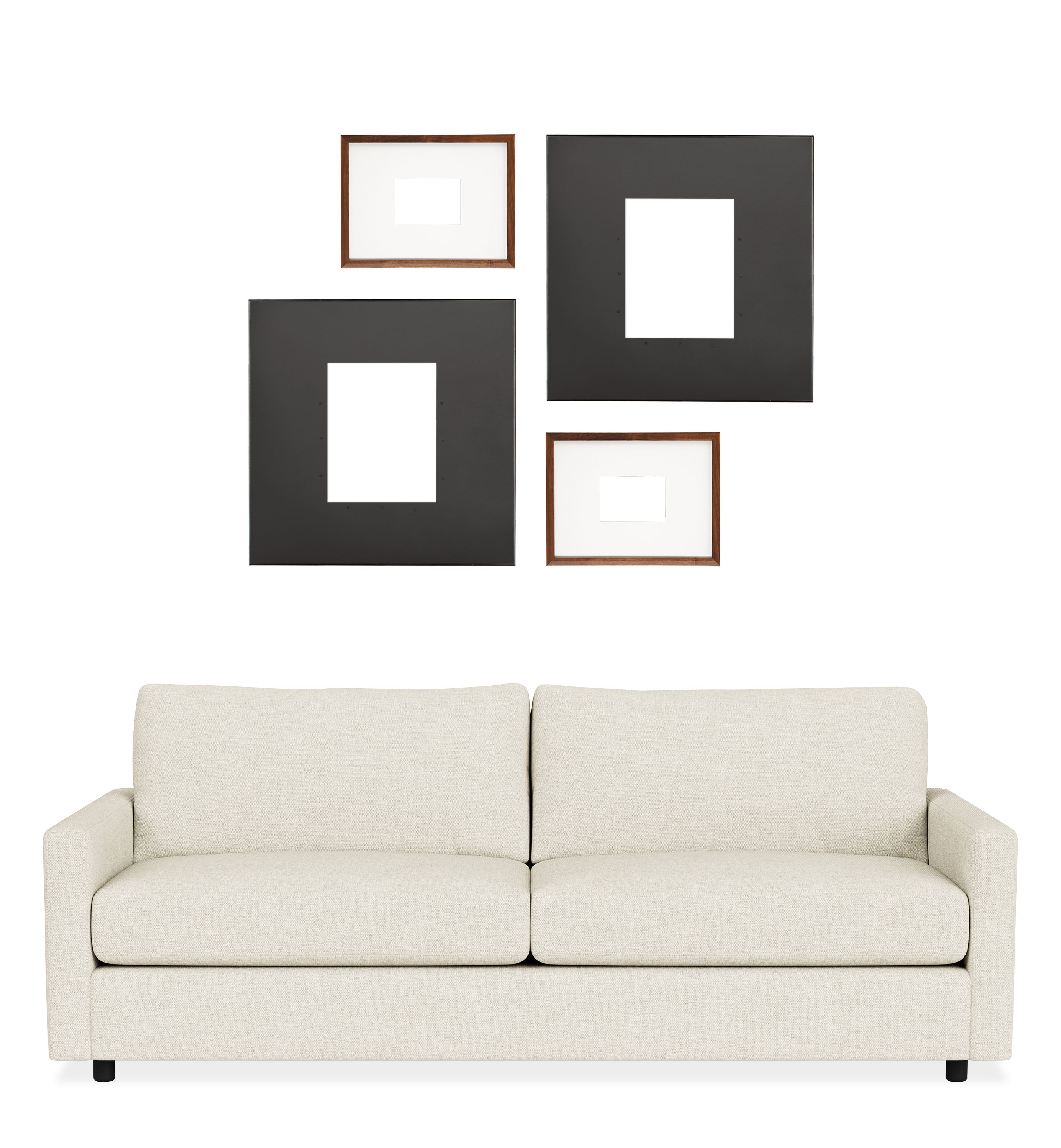 Set of 4 Manhattan and Profile Frames in Natural Steel and Walnut shown horizontal above 81-wide Cade Sofa.